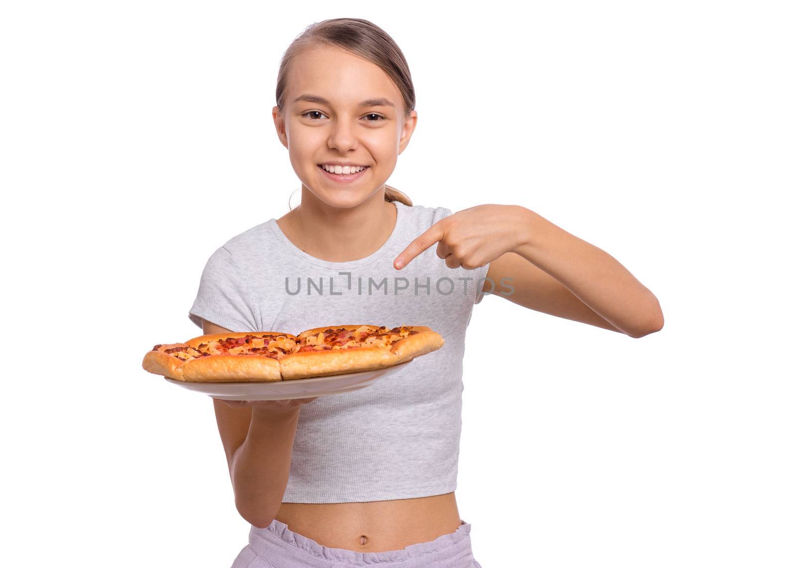 Happy beautiful teen girl holds plate with fresh pizza, isolated on white background