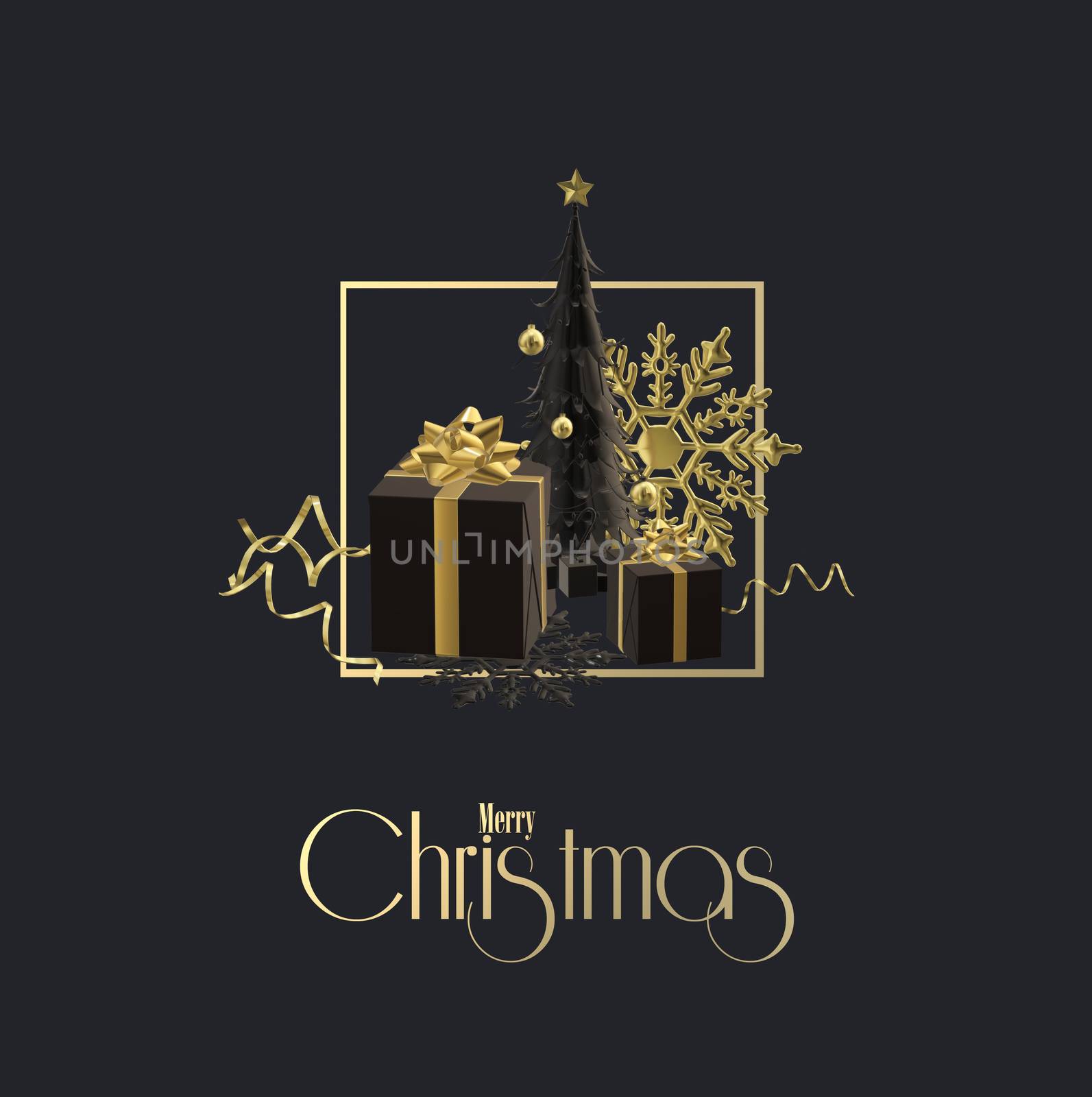Christmas holiday card in black and gold. Abstract Xmas gift boxes, Xmas tree, snowflakes, strimmer, golden frame, text Merry Christmas on black background. 3D illustration