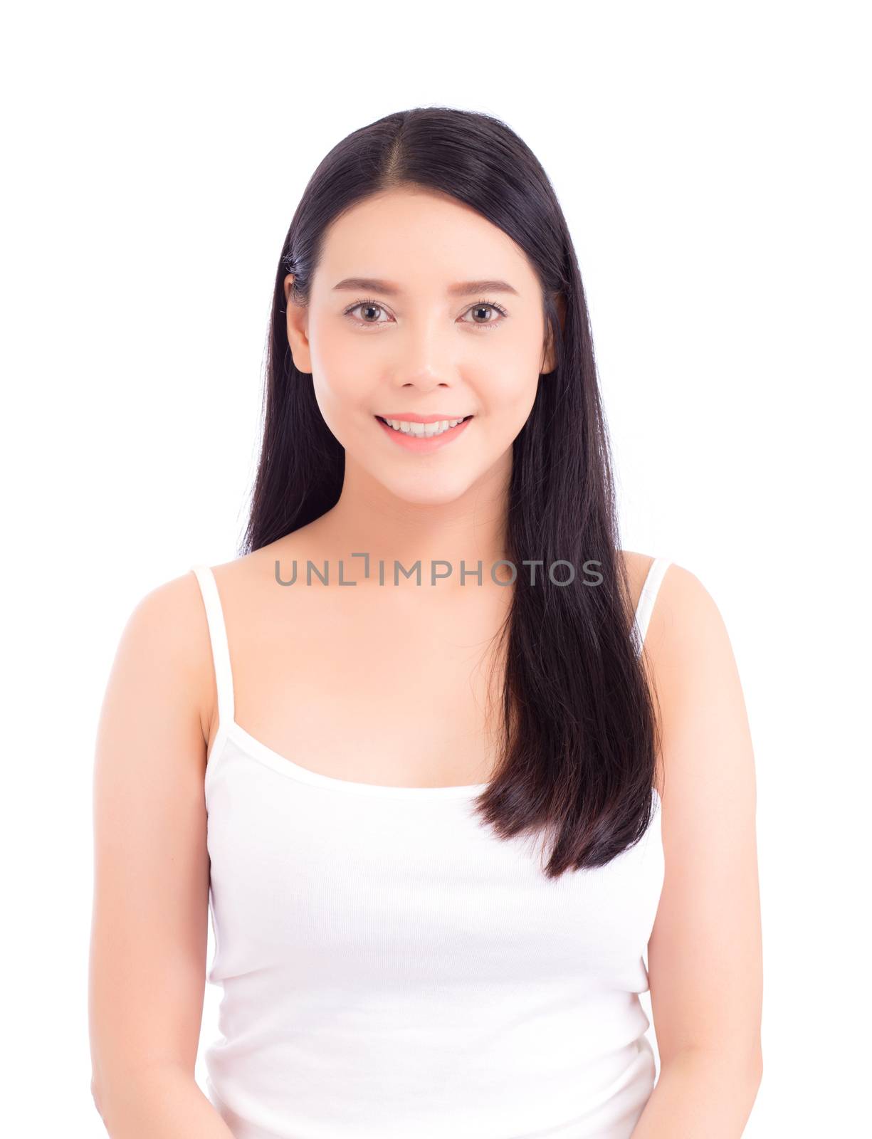 Portrait of beautiful asian woman makeup of cosmetic, beauty of girl with face smile attractive isolated on white background, perfect with wellness and healthcare concept.