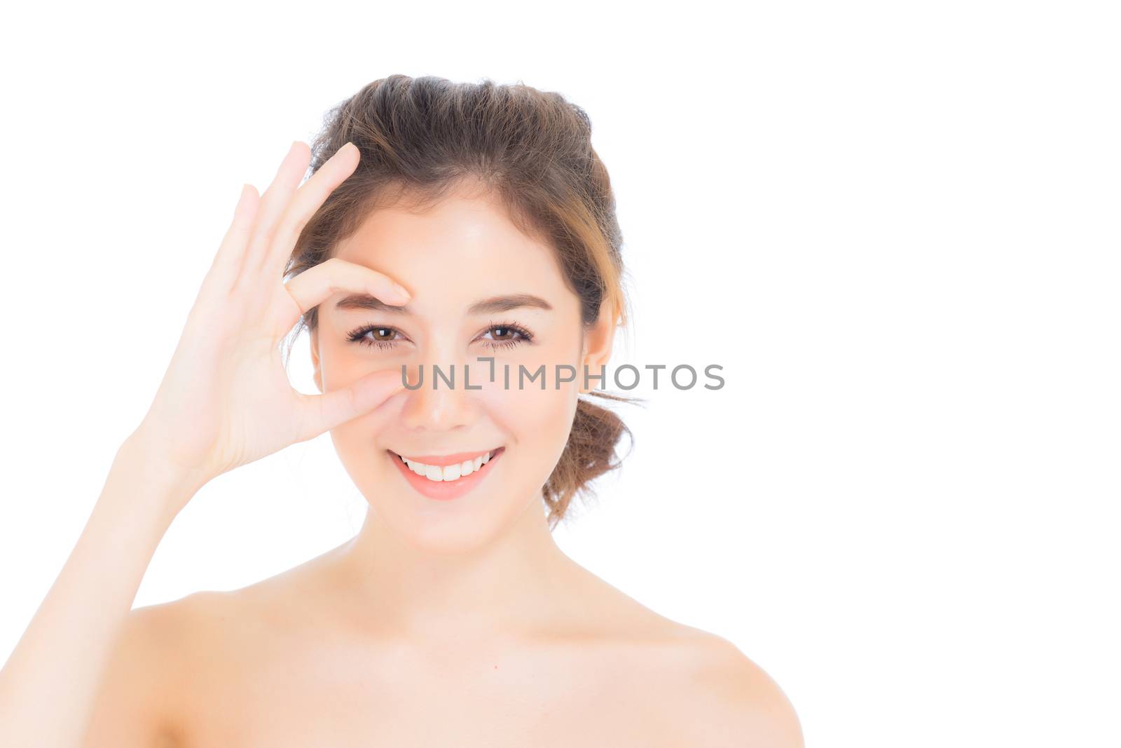 Portrait of beautiful asian woman makeup of cosmetic, girl hand touch eye and smile attractive, face of beauty perfect with wellness isolated on white background with skin healthcare concept.