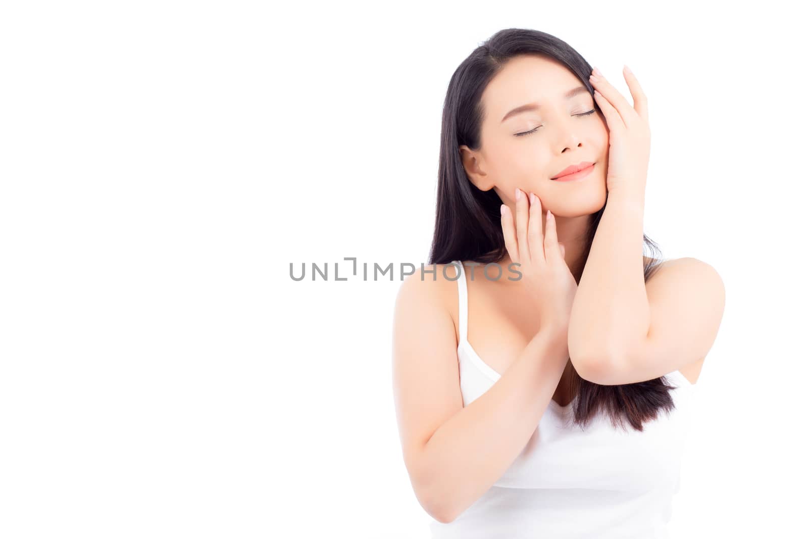 Portrait of beautiful asian woman makeup of cosmetic, girl hand touch cheek and smile attractive, face of beauty perfect with wellness isolated on white background with skin healthcare concept.