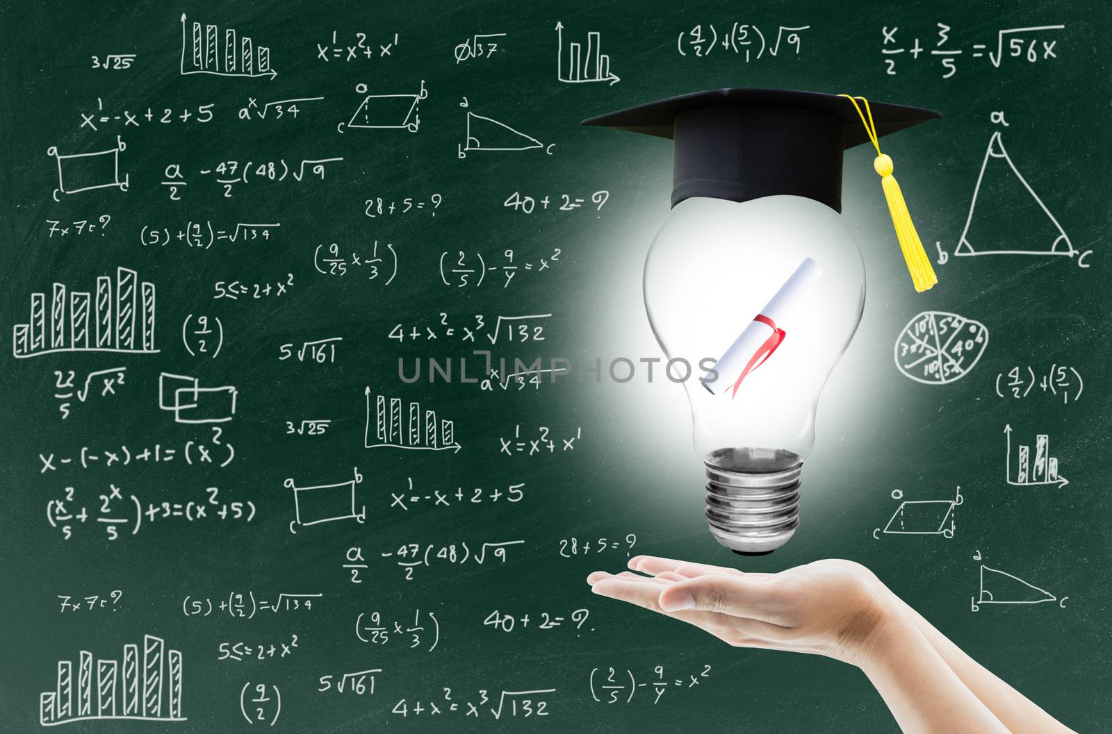 hand holding light bulb with certification for graduation shows the ingenuity intelligence knowledge and success for education on blackboard.