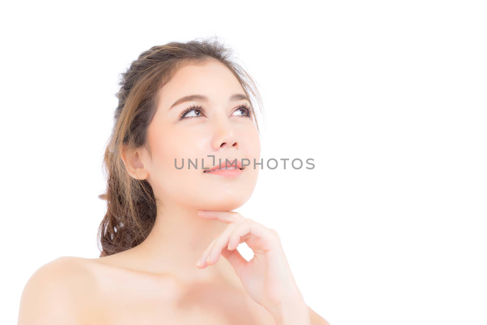 Portrait of beautiful asian woman makeup of cosmetic, girl hand touch chin and smile attractive, face of beauty perfect with wellness isolated on white background with skin healthcare concept.