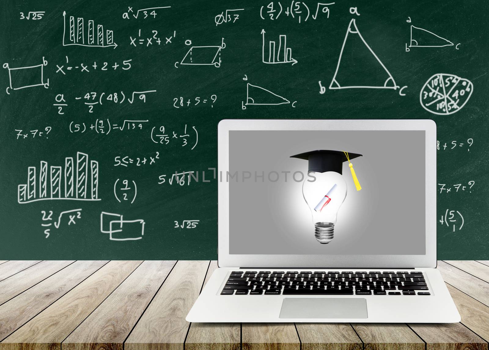 light bulb with certification on labtop show the ingenuity intelligence knowledge and success on blackboard, inspiration with education concept.