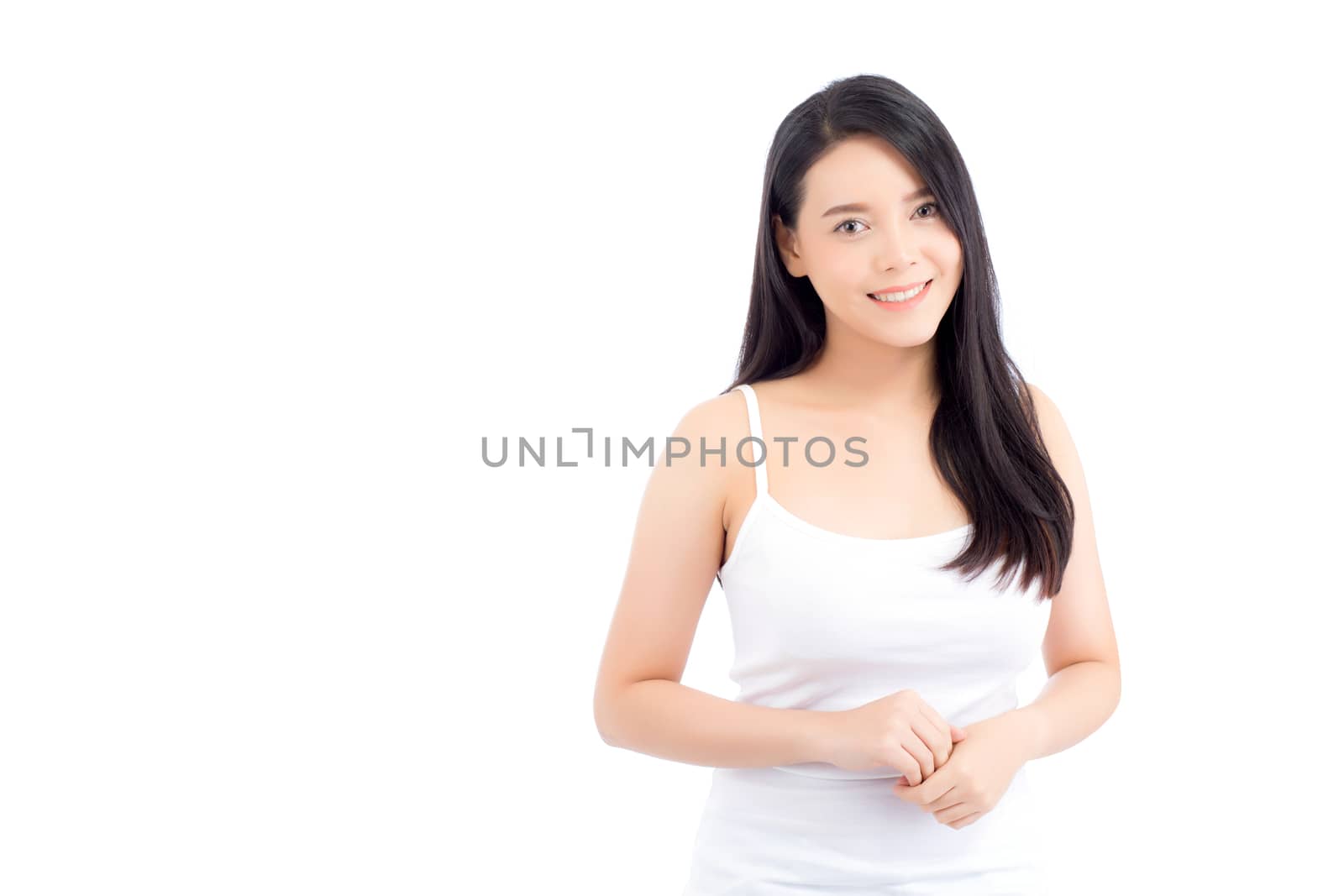 Portrait of beautiful asian woman makeup of cosmetic, beauty of girl with face smile attractive isolated on white background, perfect with wellness and healthcare concept.