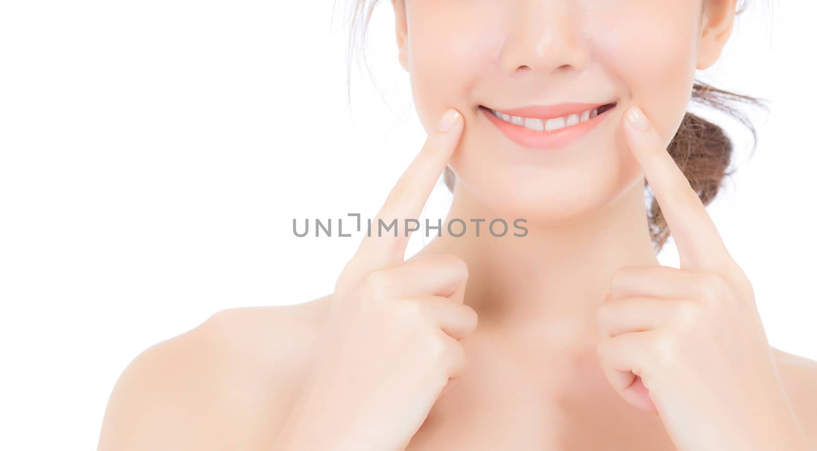 Portrait of beautiful asian woman makeup of cosmetic, girl hand touch mouth and smile attractive, lips beauty perfect with wellness isolated on white background with healthcare concept.