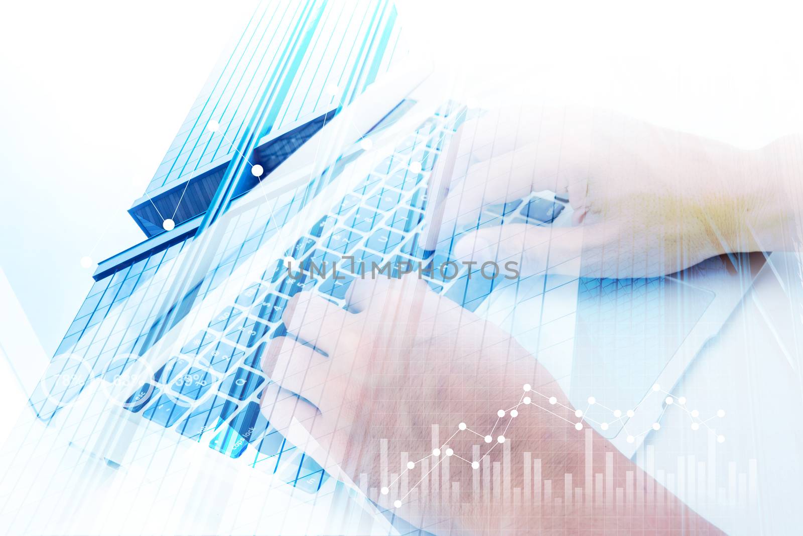 Closeup of man hand using laptop on office desktop, business chart and diagram with abstract, computer analysis revenue data with finance of stock, buiness economy concept.