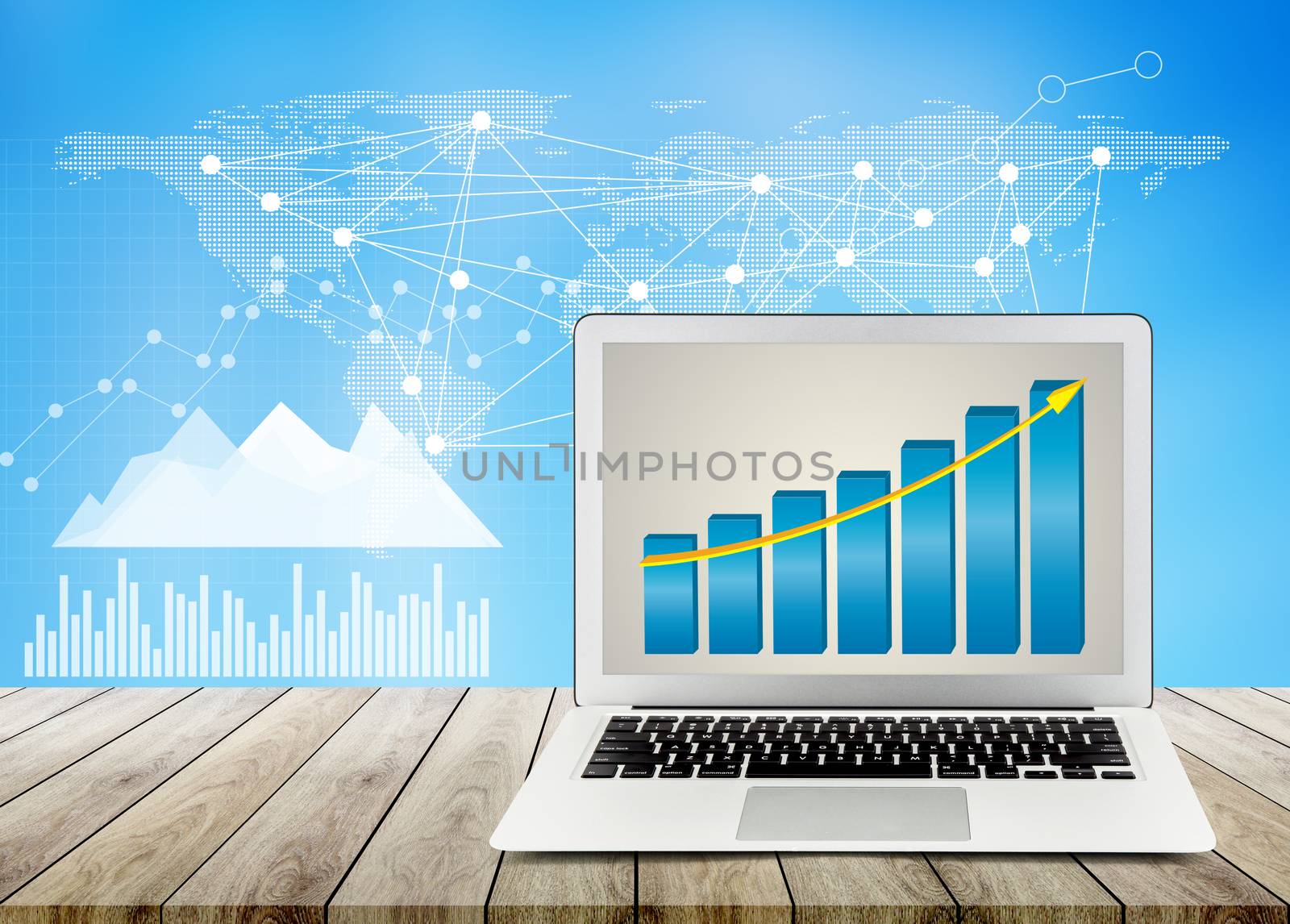 laptop on wood table office desktop, business chart and diagram with abstract background, computer analysis revenue data with finance of stock, buiness economy concept.