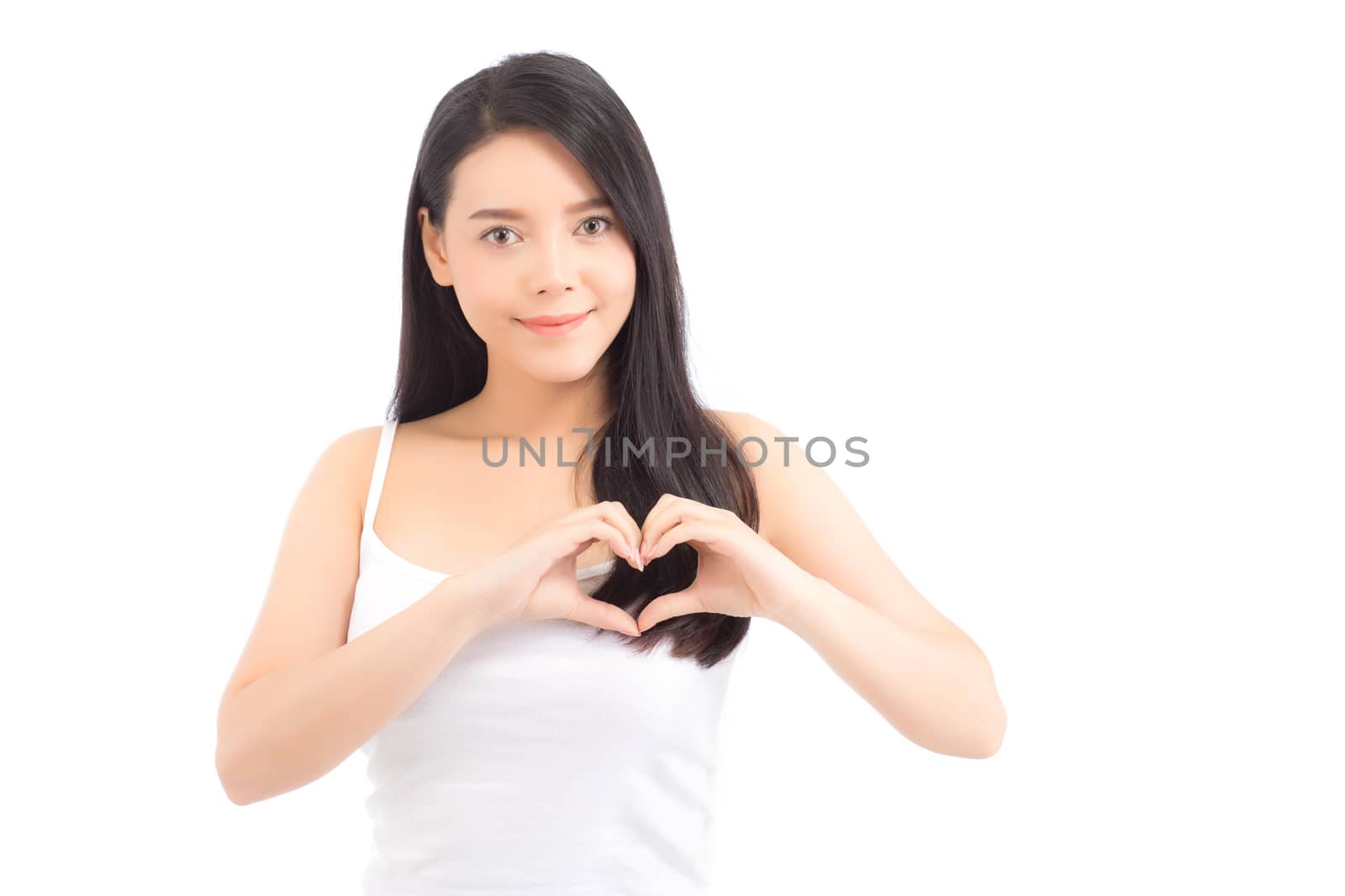 Beautiful asian woman show heart shape with hand, Beauty portrait girl model with smile and gesture love symbol isolated on white background, healthcare concept.