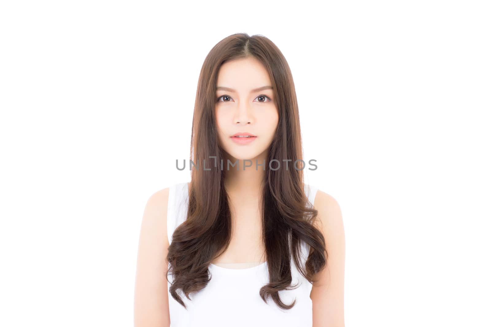 Portrait of beautiful asian woman makeup of cosmetic, beauty of girl with face smile attractive isolated on white background, perfect with wellness and healthcare concept.