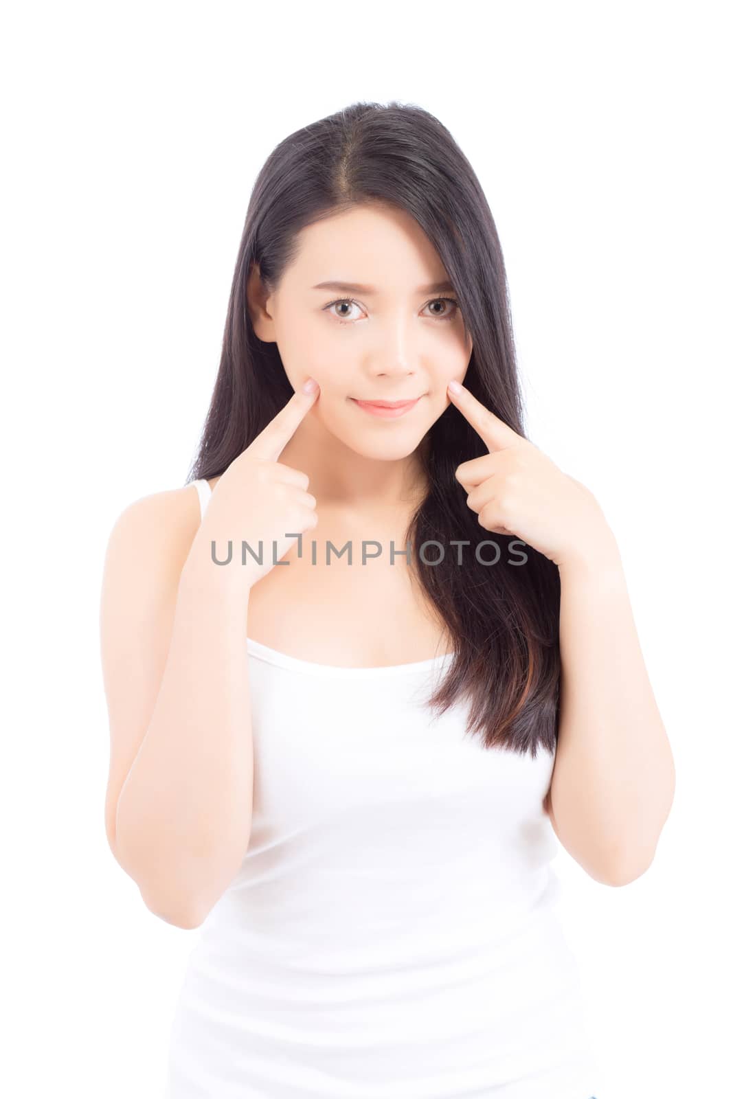 Portrait of beautiful asian woman makeup of cosmetic, girl hand touch cheek and smile attractive, face of beauty perfect with wellness isolated on white background with skin healthcare concept.