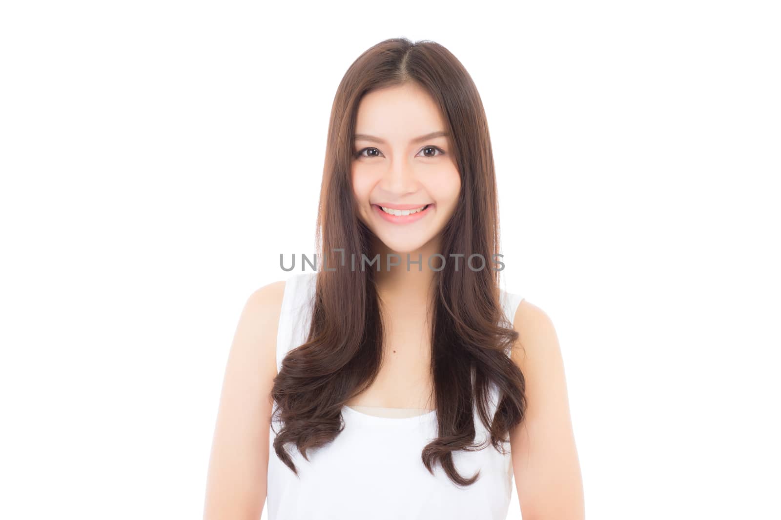 Portrait of beautiful asian woman makeup of cosmetic, beauty of girl with face smile attractive isolated on white background, perfect with wellness and healthcare concept.