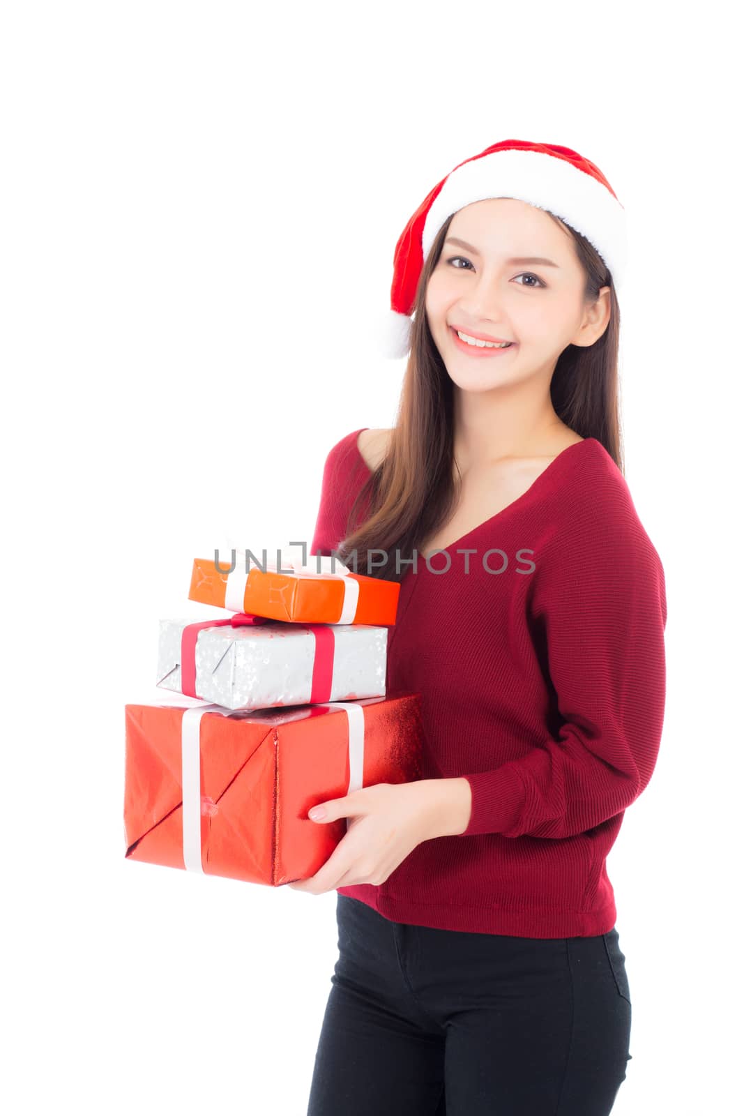 Happy asian woman with smile holding gift box many of xmas, Present girl with celebration christmas a holiday, girl with buyer enjoy and excited isolated on white background, shopping with season concept.