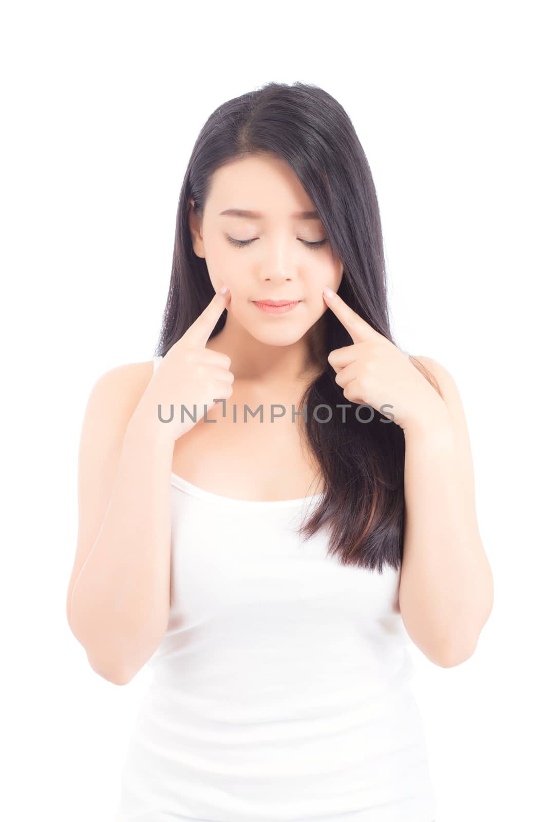 Portrait of beautiful asian woman makeup of cosmetic, girl hand touch cheek and smile attractive, face of beauty perfect with wellness isolated on white background with skin healthcare concept.