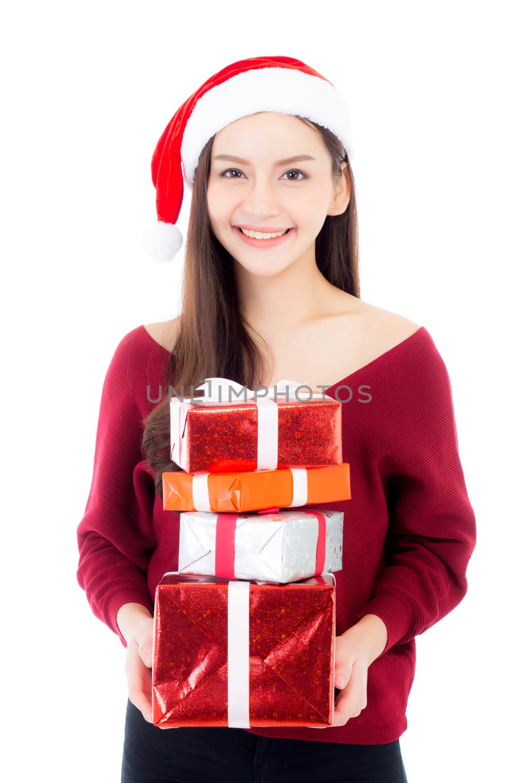 Happy asian woman with smile holding gift box many of xmas, Present girl with celebration christmas a holiday, girl with buyer isolated on white background, shopping with season concept.