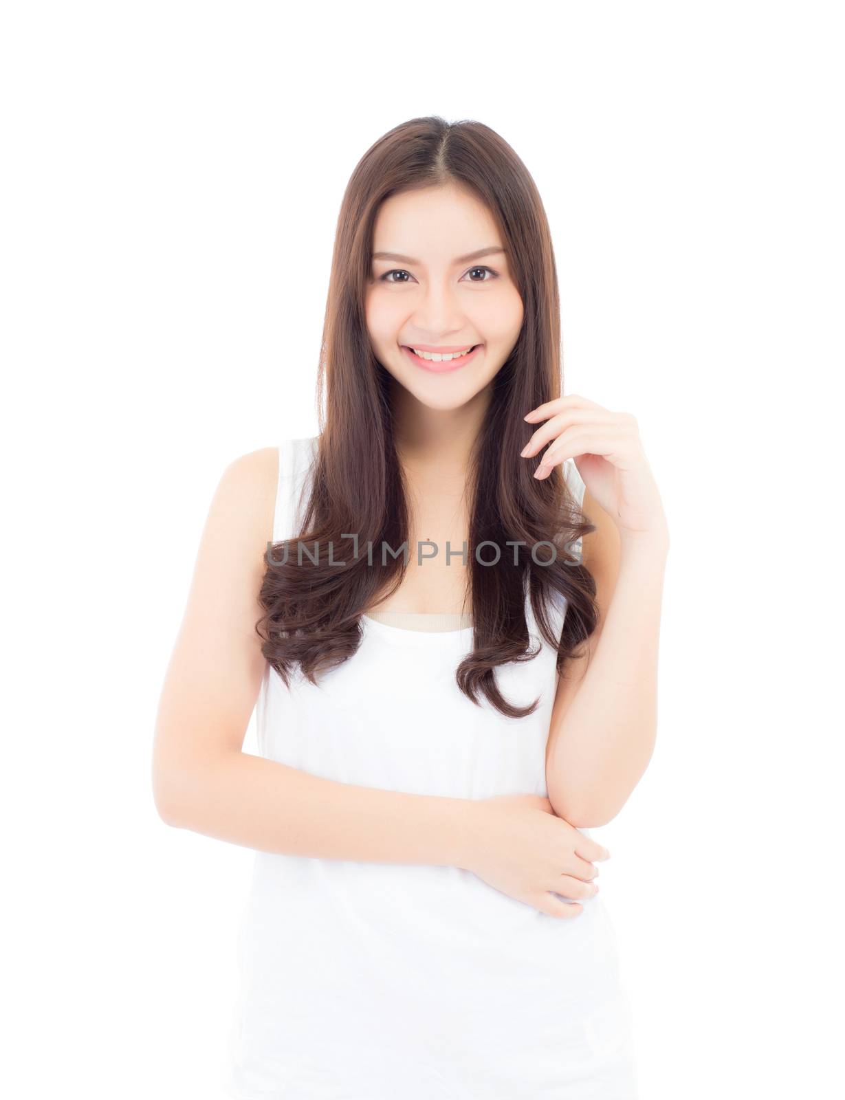 Portrait of beautiful asian woman makeup of cosmetic, beauty of girl with face smile attractive isolated on white background, perfect with wellness and healthcare concept.