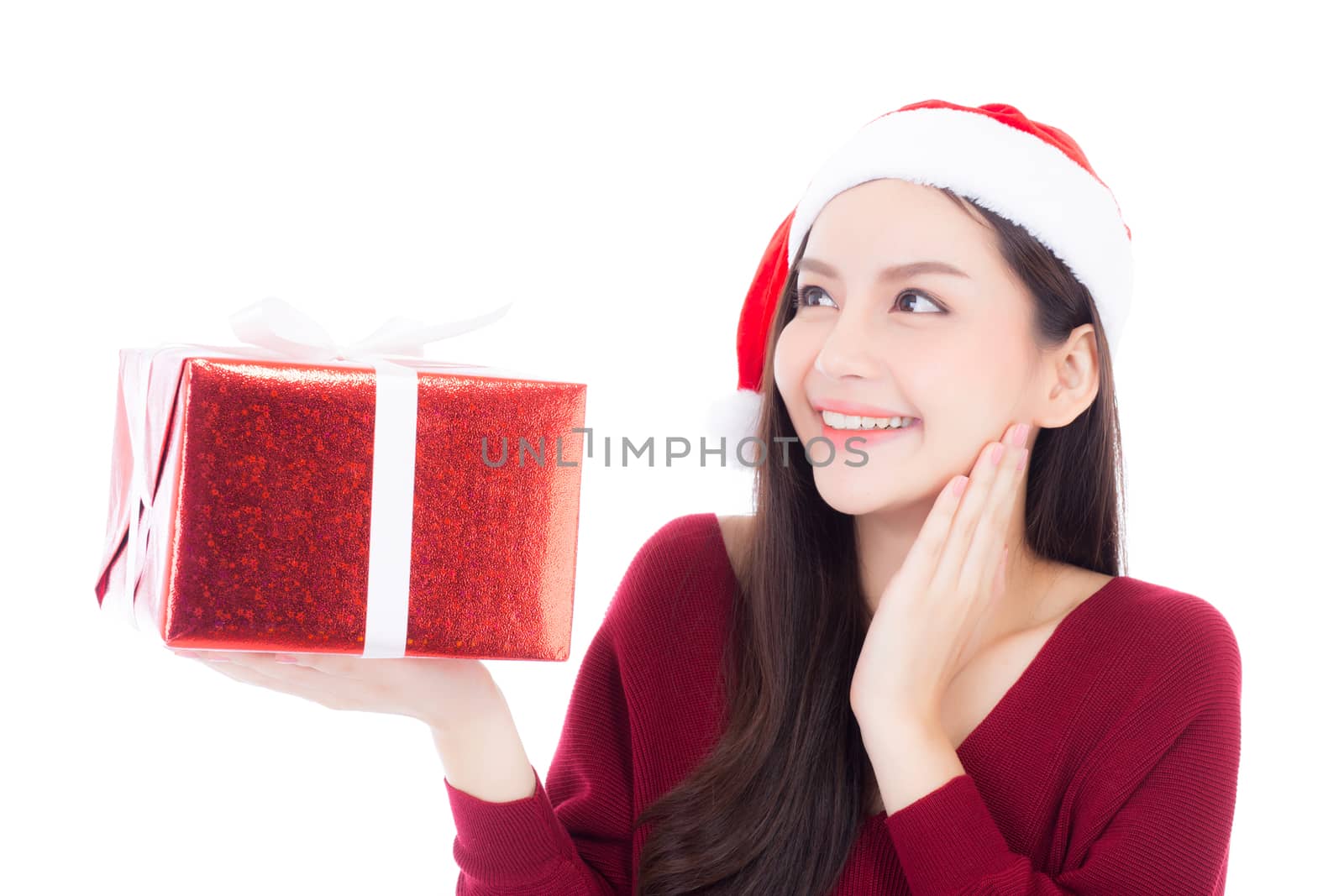 Happy asian woman with smile holding gift box of xmas, Present girl with celebration christmas a holiday, girl with buyer isolated on white background, shopping with season concept.