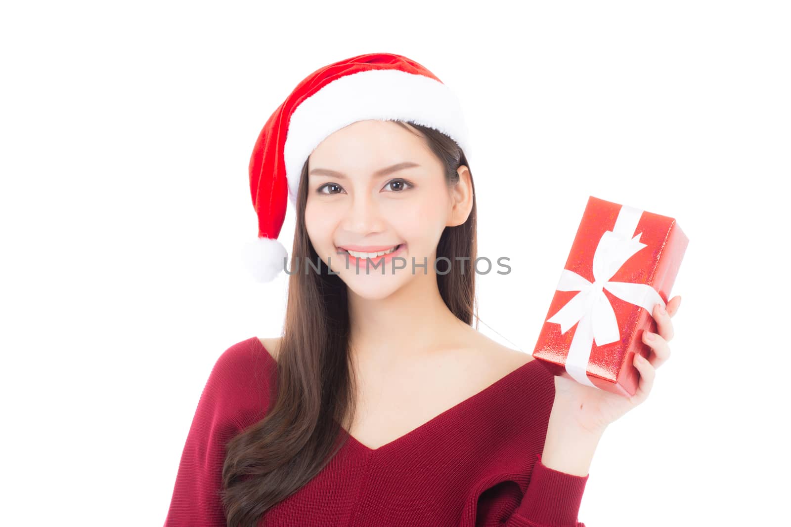 Happy asian woman with smile holding gift box of xmas, Present girl with celebration christmas a holiday, girl with buyer isolated on white background, shopping with season concept.