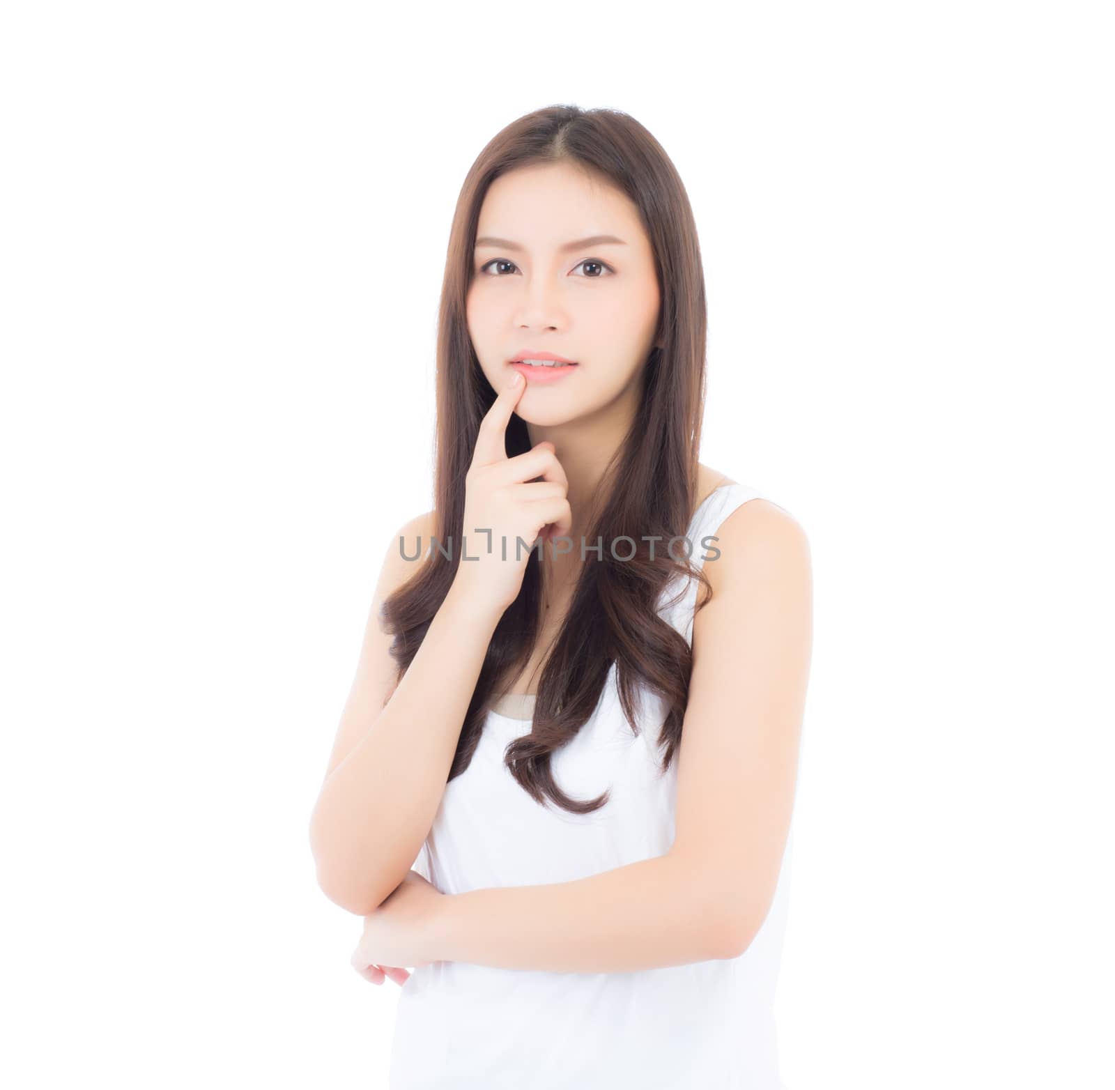 Portrait of beautiful asian woman makeup of cosmetic, girl hand touch mouth and smile attractive, lips beauty perfect with wellness isolated on white background with healthcare concept.