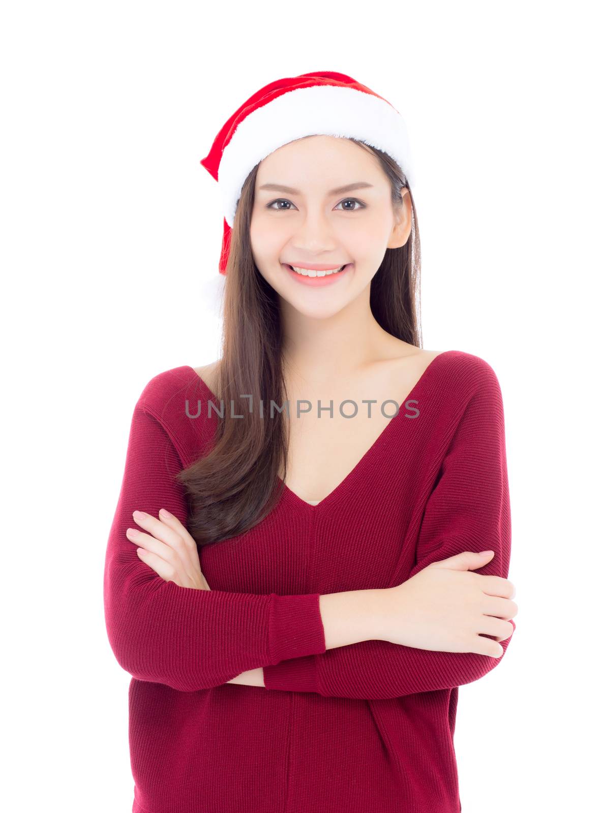 Portrait of beautiful asian young woman with health in santa hat smile and happy, girl model isolated on white background, christmas and holiday concept.