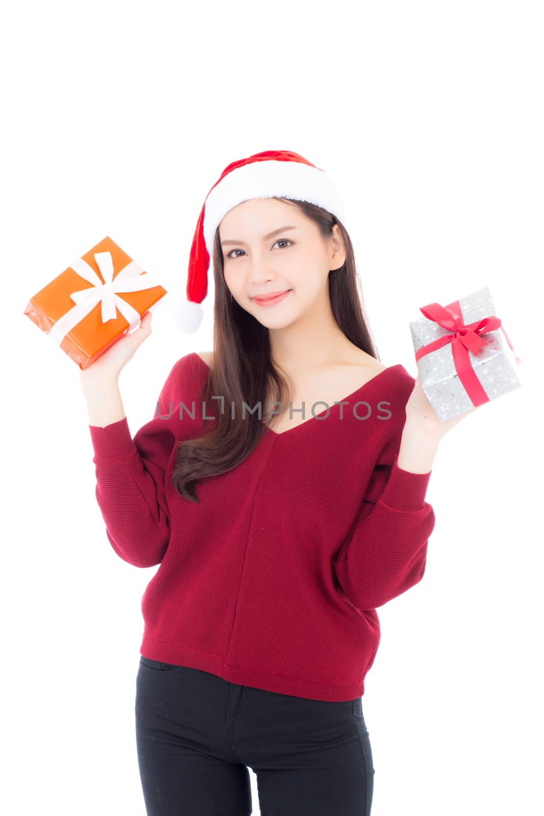 Happy asian woman with smile holding gift box of xmas, Present girl with celebration christmas a holiday, girl with buyer isolated on white background, shopping with season concept.