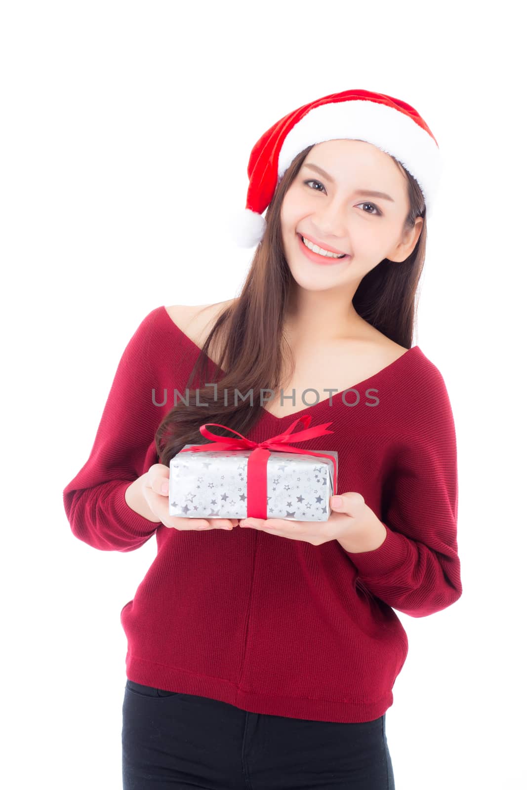 Happy asian woman with smile holding gift box of xmas, Present girl with celebration christmas a holiday, girl with buyer isolated on white background, shopping with season concept.