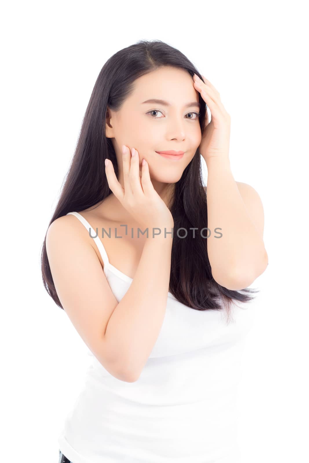 Portrait of beautiful asian woman makeup of cosmetic, girl hand touch cheek and smile attractive, face of beauty perfect with wellness isolated on white background with skin healthcare concept.