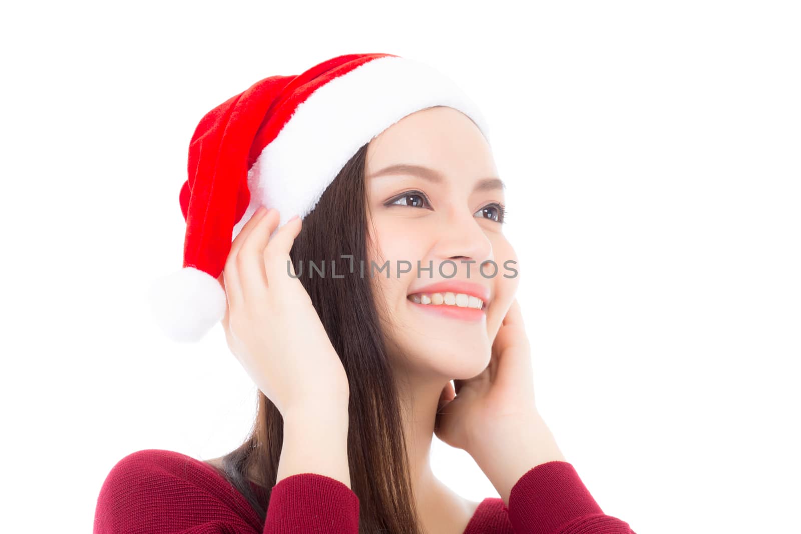 Christmas Santa hat of young asian woman portrait, girl with smile and happy isolated on white background xmas and new year concept.