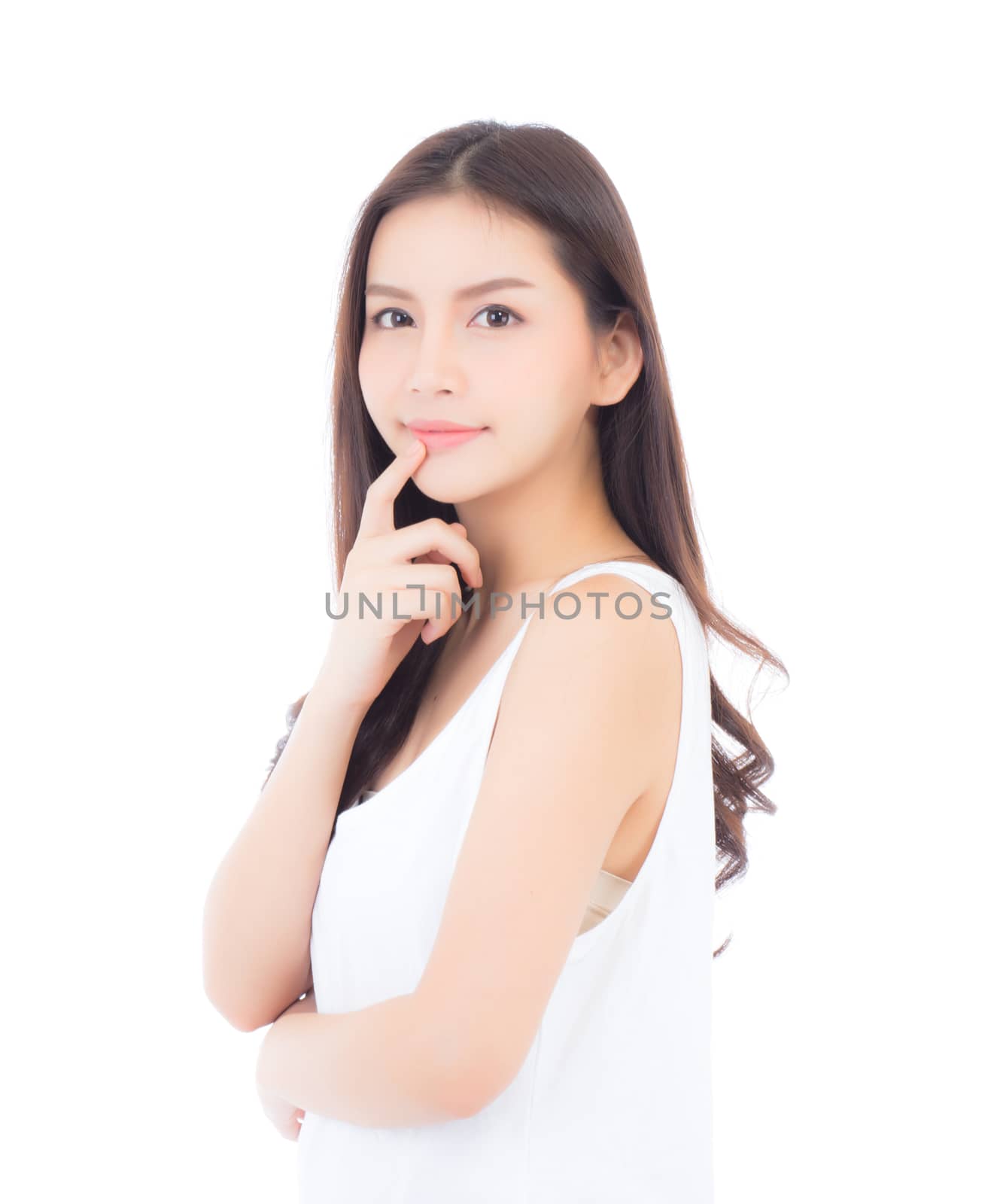 Portrait of beautiful asian woman makeup of cosmetic, girl hand touch mouth and smile attractive, lips beauty perfect with wellness isolated on white background with healthcare concept.