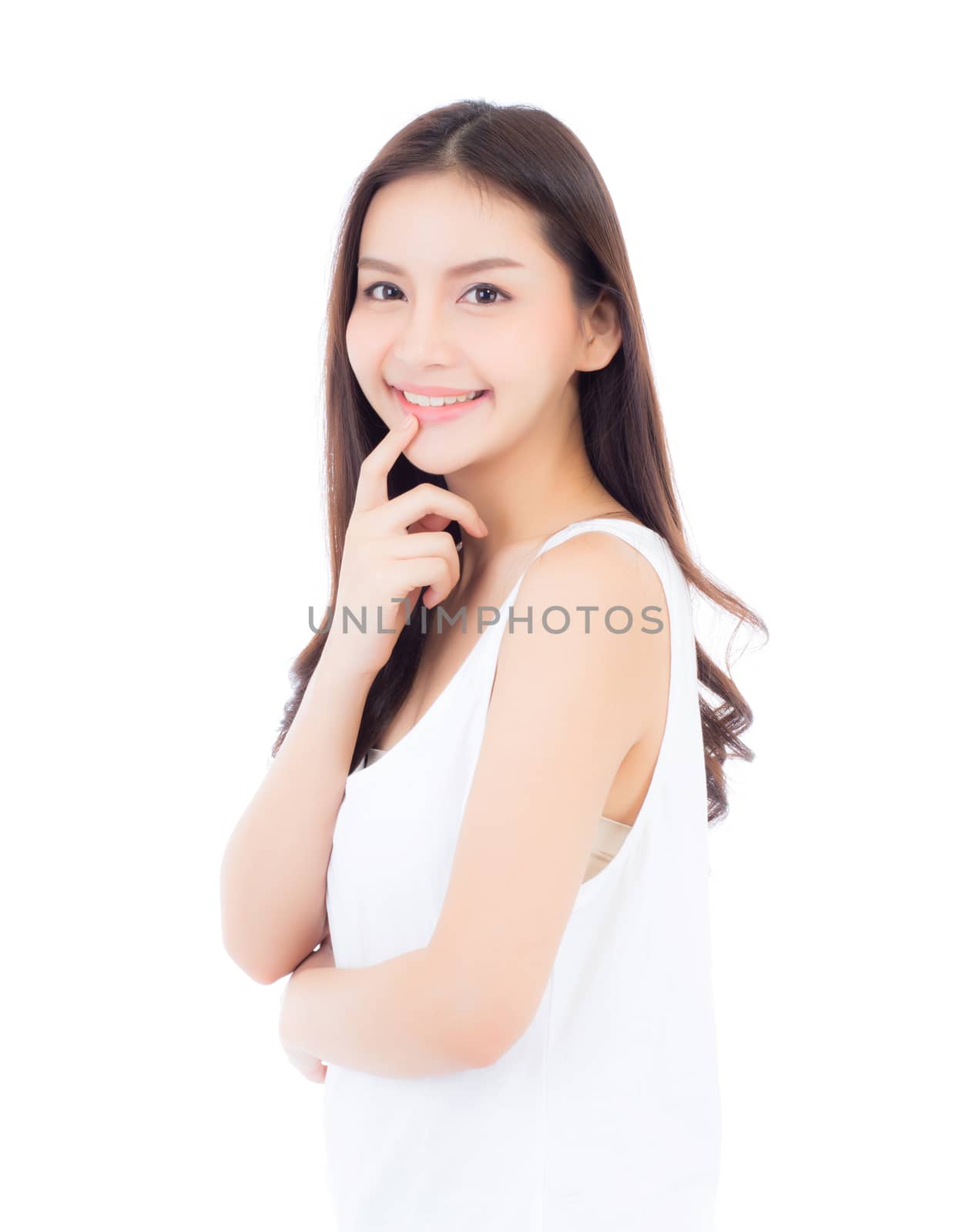 Portrait of beautiful asian woman makeup of cosmetic, girl hand touch mouth and smile attractive, lips beauty perfect with wellness isolated on white background with healthcare concept.