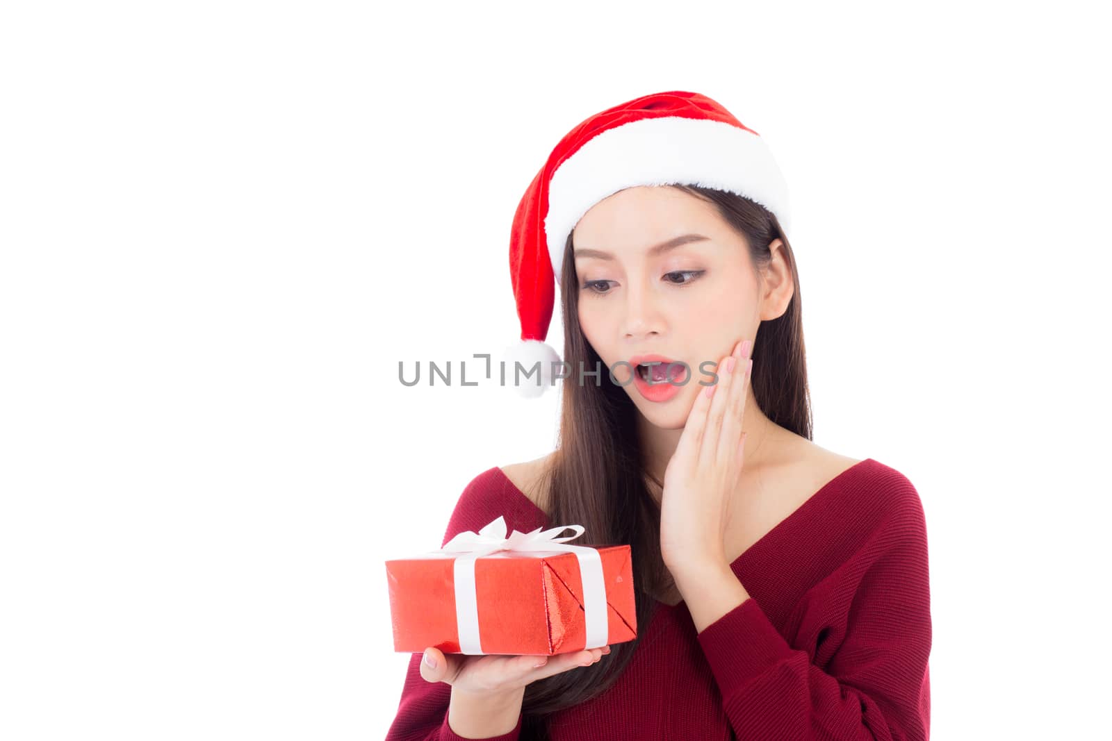 Happy asian woman with smile holding gift box of xmas, Present girl with celebration christmas, girl with surprise isolated on white background, shopping with season concept.