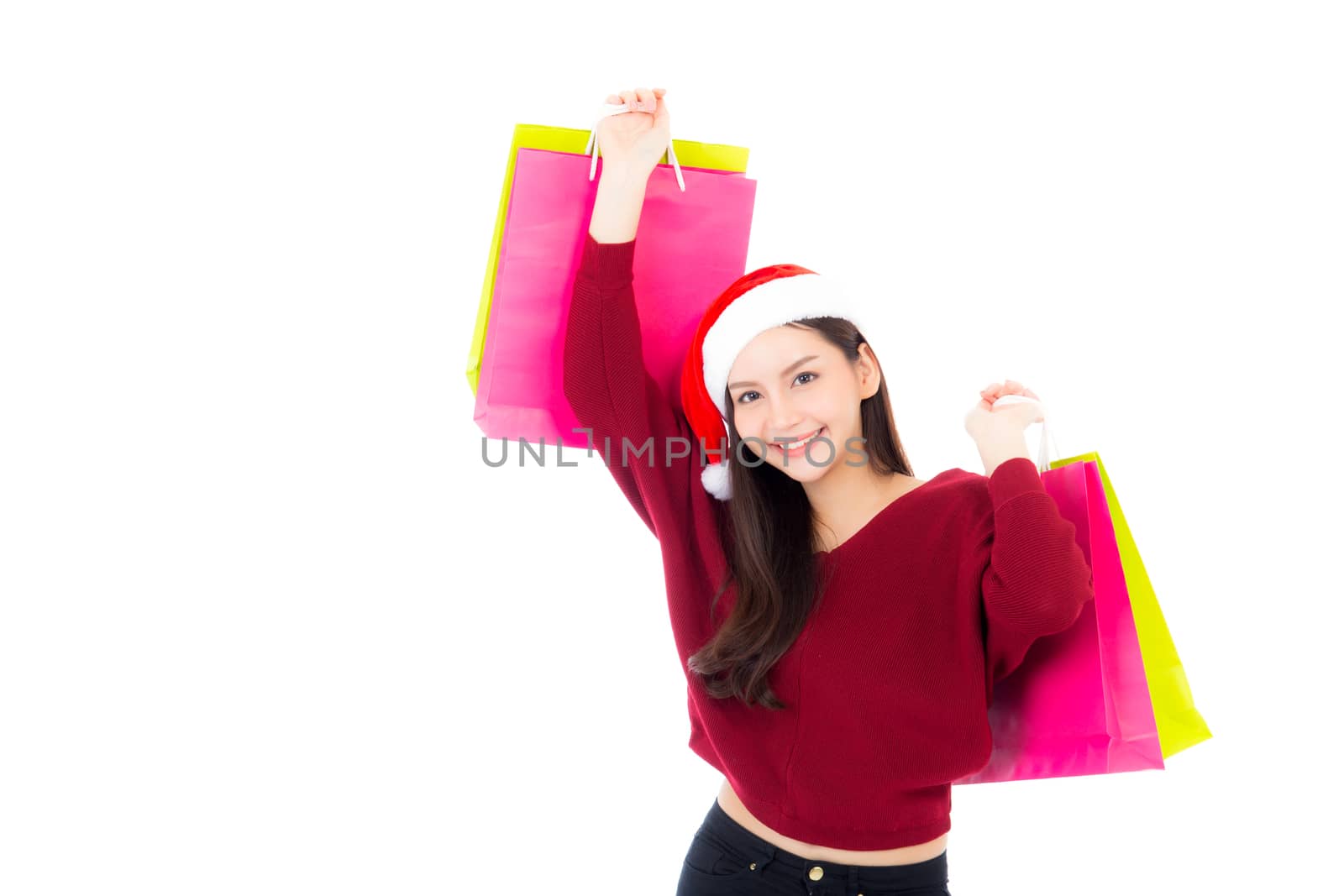 Happy fashion asian woman with smile holding shopping paper bag, Sale and christmas with holiday, girl with buyer enjoy and excited isolated on white background, holiday concept.