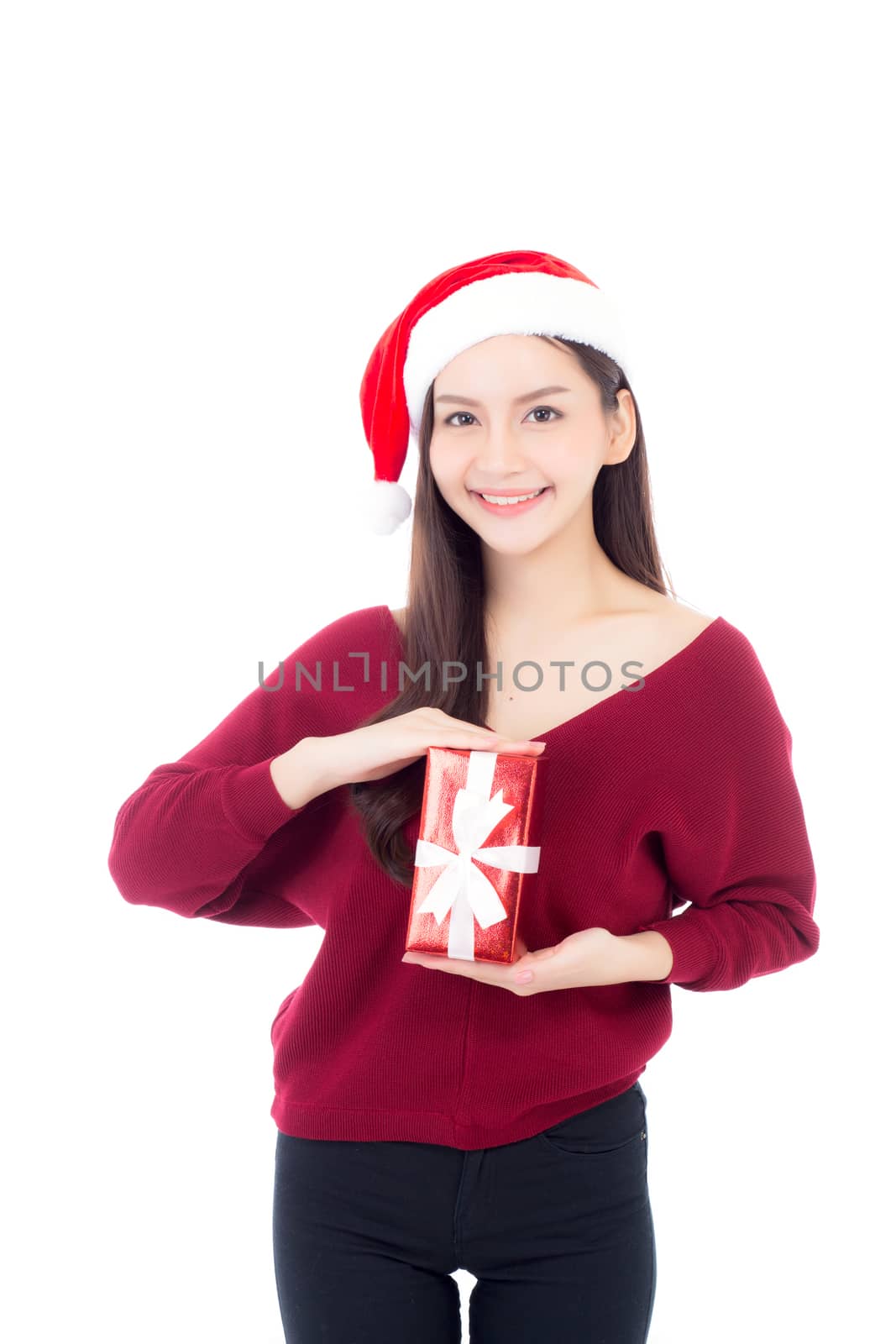 Happy asian woman with smile holding gift box of xmas, Present girl with celebration christmas a holiday, girl with buyer isolated on white background, shopping with season concept.