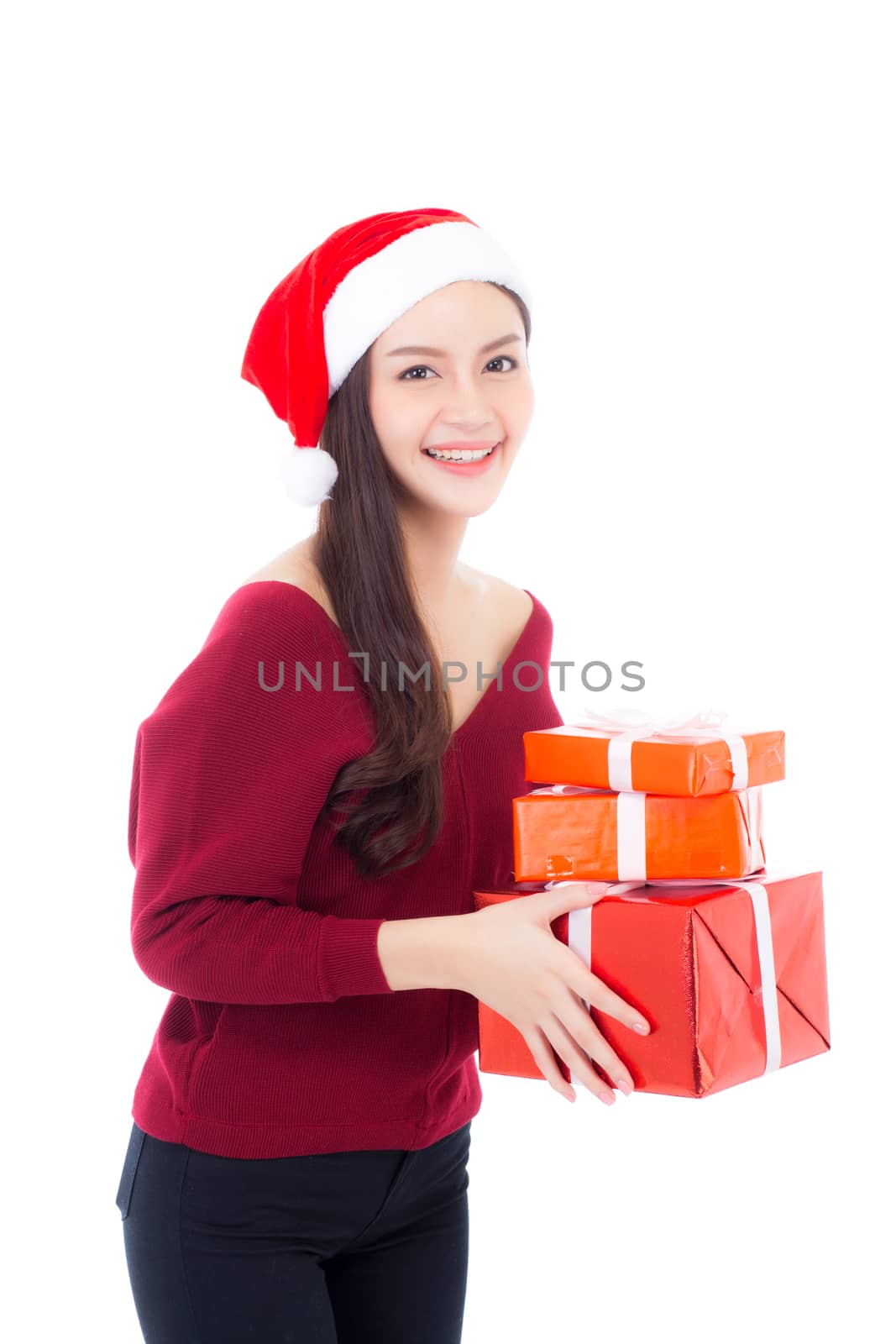 Happy asian woman with smile holding gift box many of xmas, Present girl with celebration christmas a holiday, girl with buyer isolated on white background, shopping with season concept.