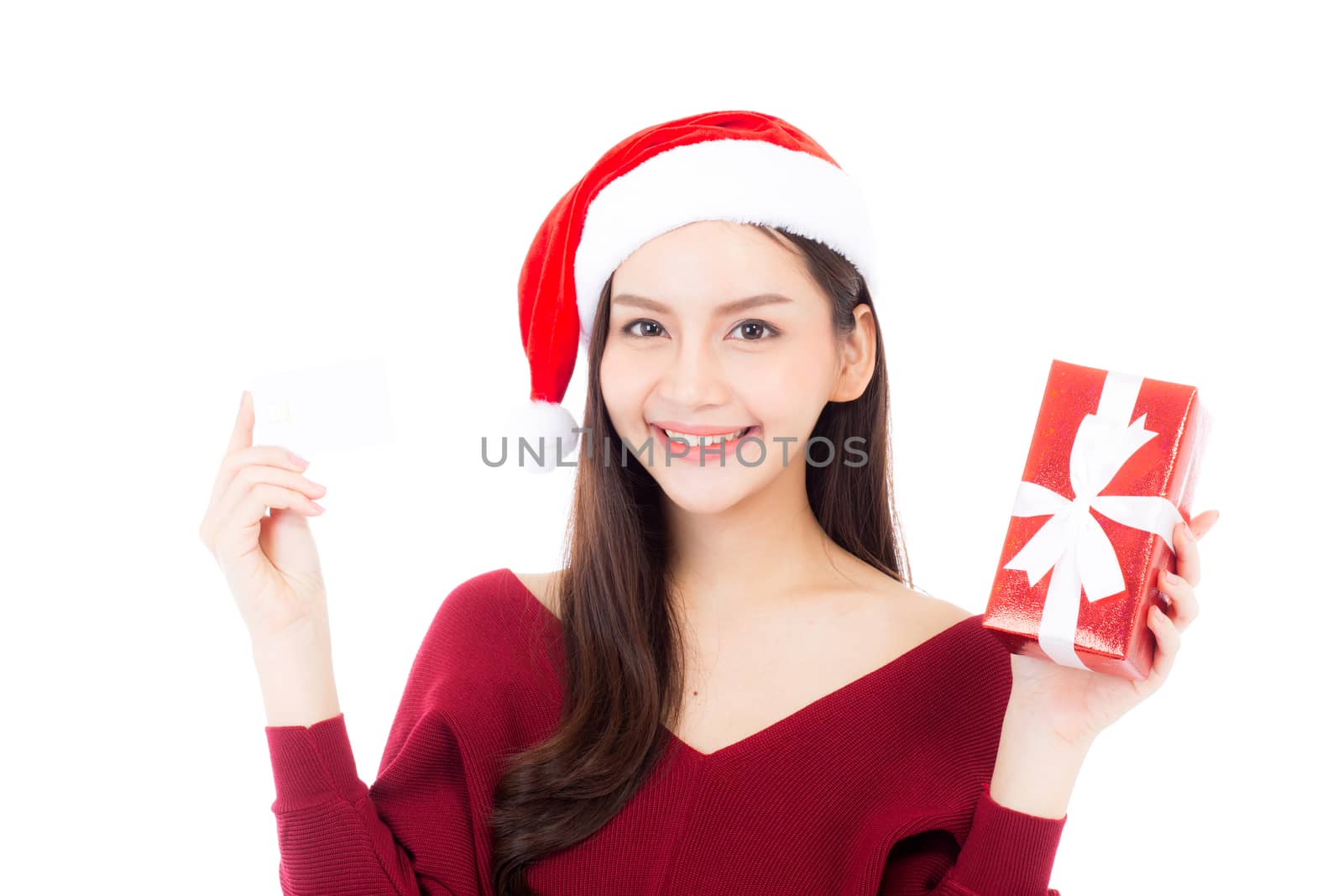 Happy asian woman with smile holding gift box and credit card of xmas, Present girl with christmas a holiday, girl with buyer isolated on white background, shopping with season concept.