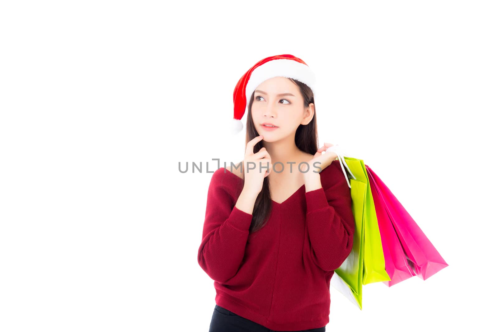 Happy fashion asian woman with smile holding shopping paper bag, Sale and christmas with holiday, girl with buyer enjoy and excited isolated on white background.