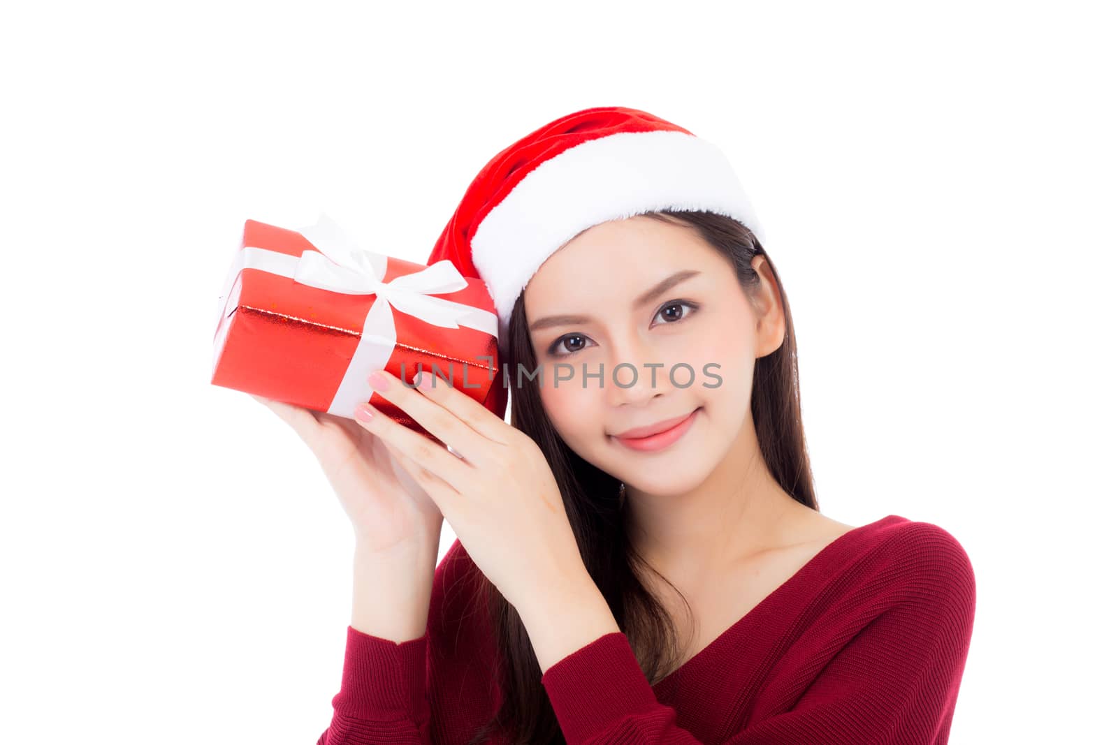 Happy asian woman with smile holding gift box and credit card of xmas, Present girl with christmas a holiday, girl with buyer isolated on white background, shopping with season concept.