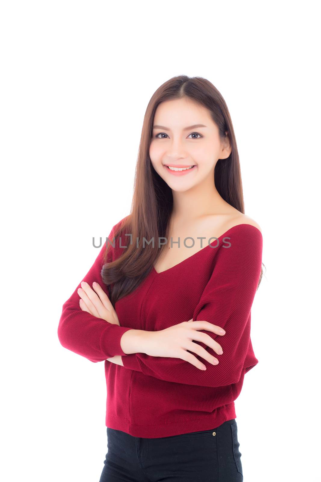 Portrait of beautiful asian woman makeup of cosmetic, beauty of girl with face smile attractive isolated on white background, perfect with wellness and healthcare concept.