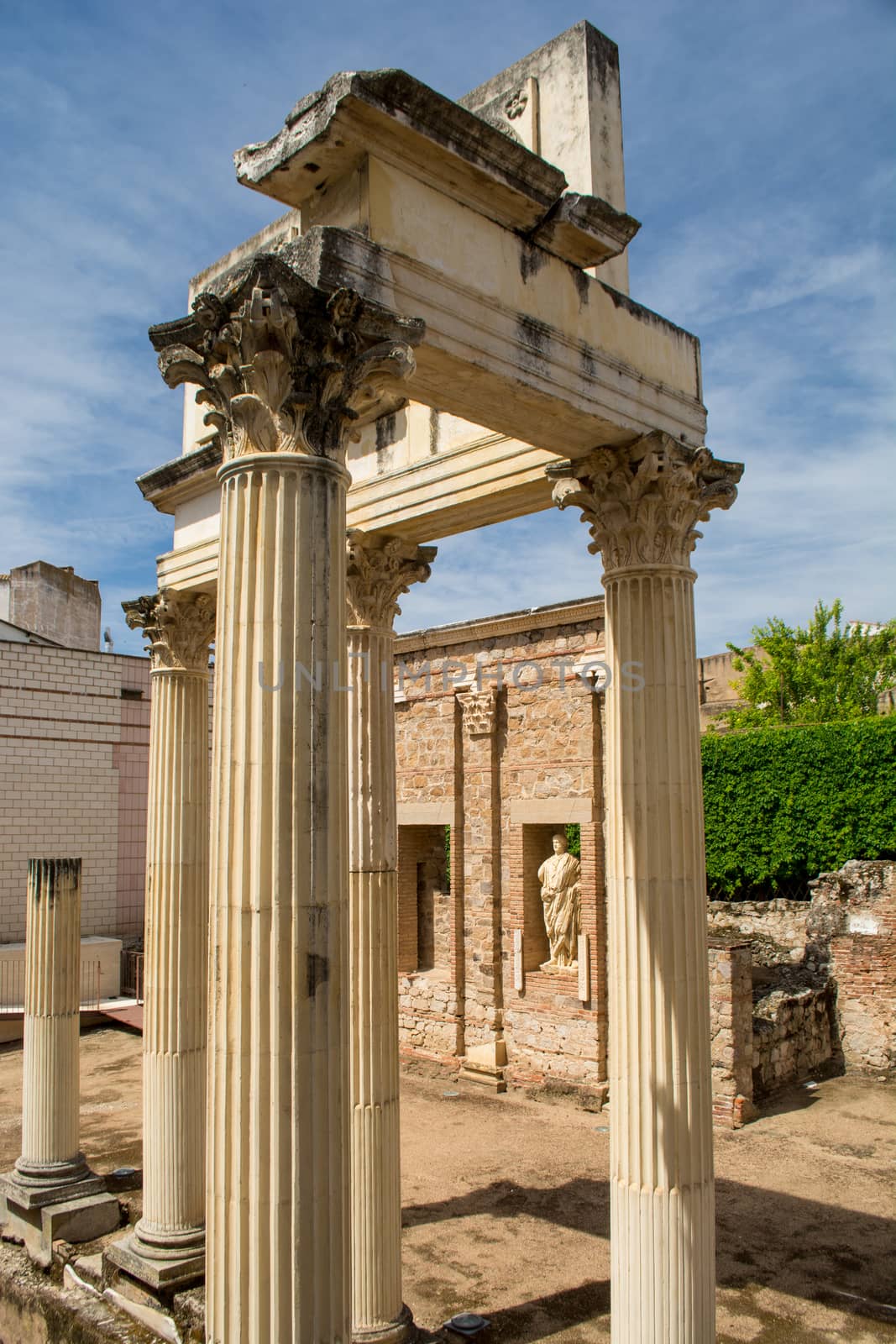 Merida, Spain, April 2017: Portico del Foro Municipal de Augusta Emerita. Roman ruins in Merida, Extremadura, Spain.