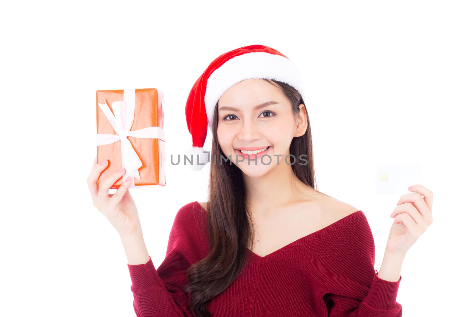 Happy asian woman with smile holding gift box and credit card of xmas, Present girl with christmas a holiday, girl with buyer isolated on white background, shopping with season concept.