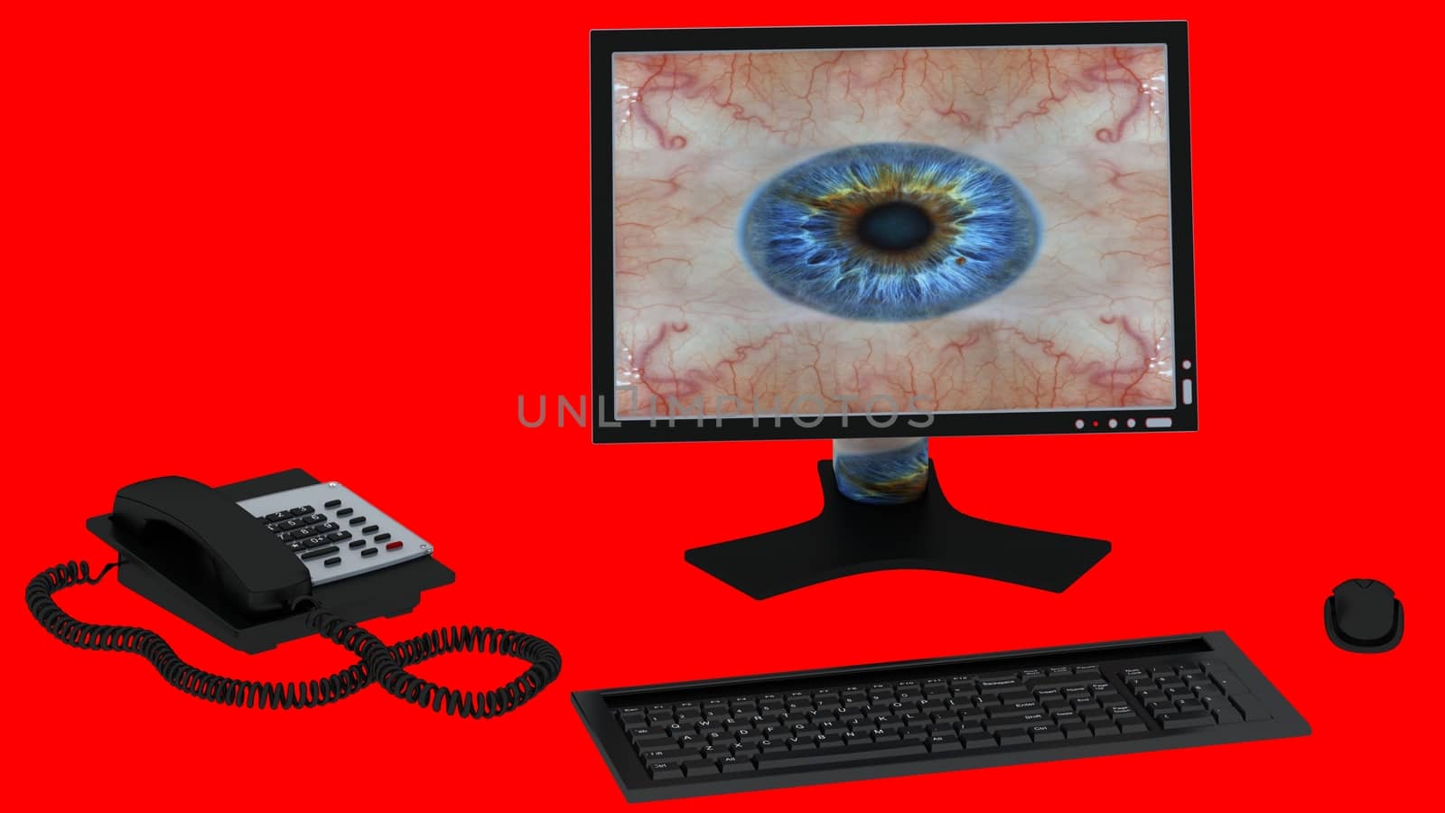 desktop, keyboard and mouse with telephone isolated on red background. 3d rendered