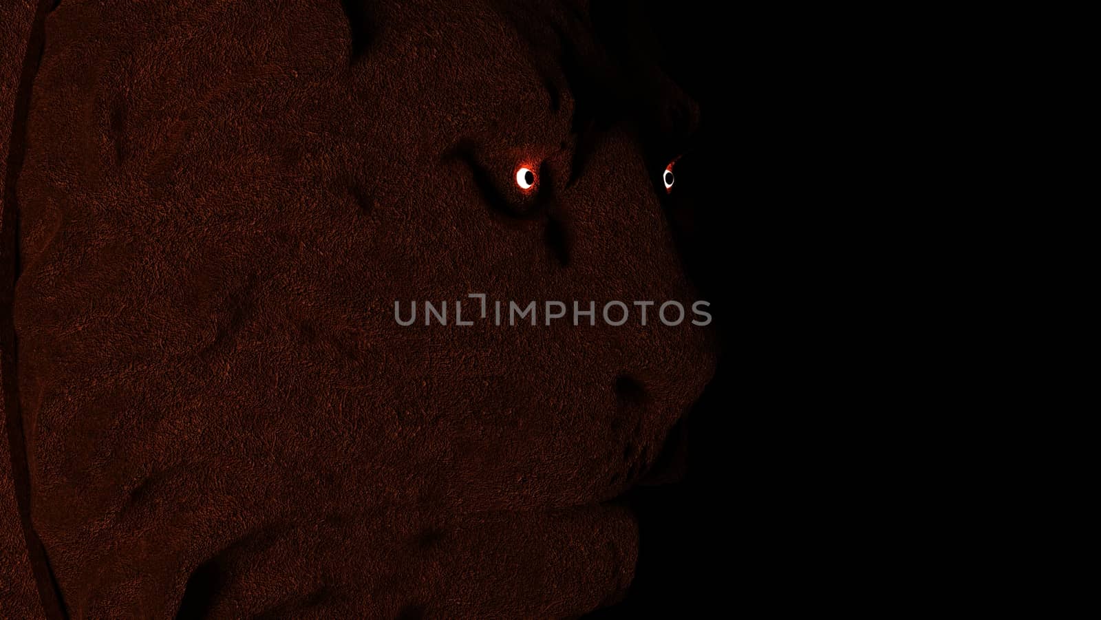 Lion close up face showing on black background, illustration. 3d rendered.