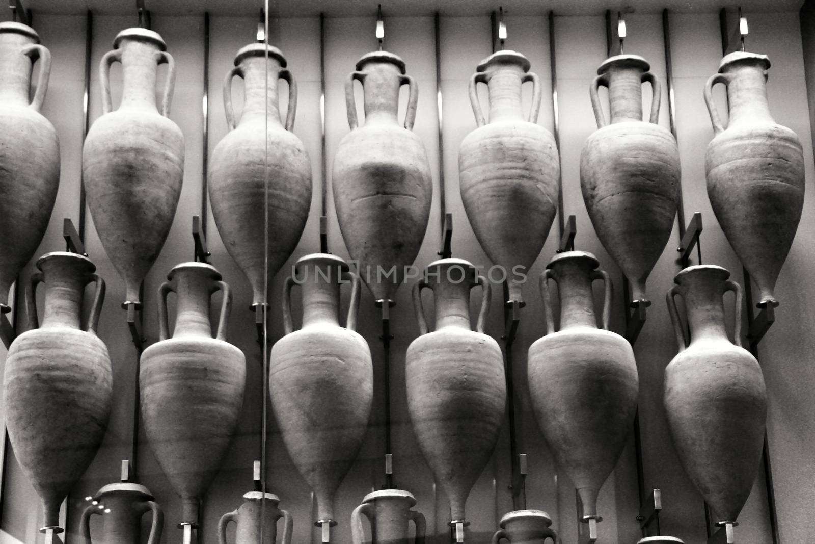 Cartagena, Murcia, Spain- July 26, 2019: Archeological remains in the Underwater Museum of Cartagena, Murcia, Spain. Amphoras in perfect condition