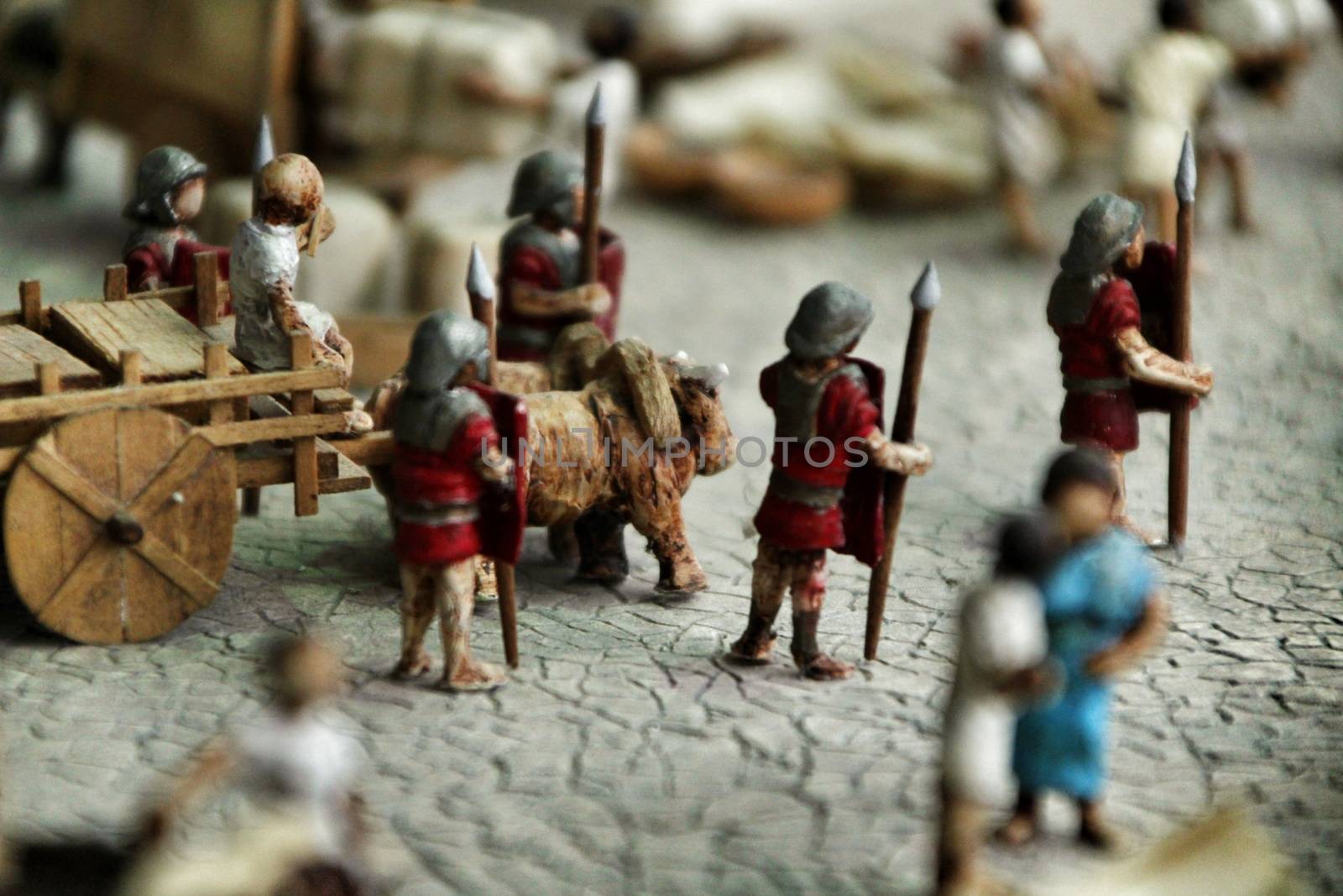 Cartagena, Murcia, Spain- July 27, 2019: Miniature roman figurines displayed in a Cartagena Museum reflecting daily life in roman times
