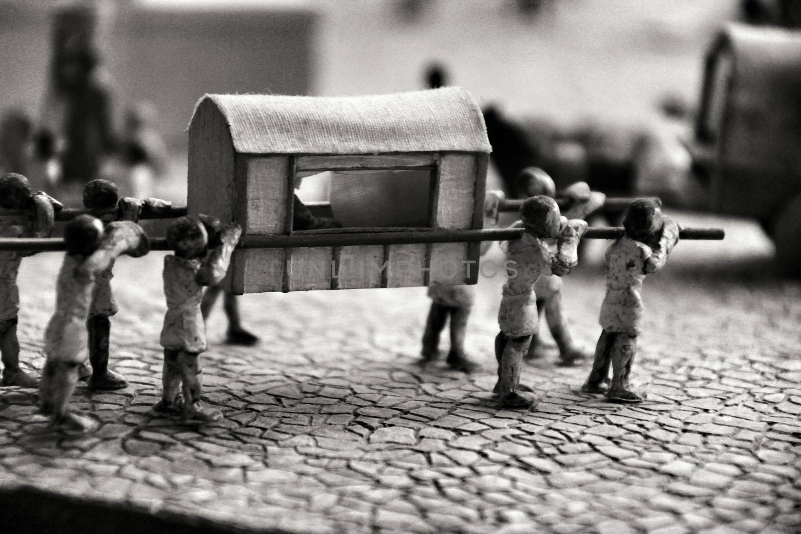Cartagena, Murcia, Spain- July 27, 2019: Miniature roman figurines displayed in a Cartagena Museum reflecting daily life in roman times