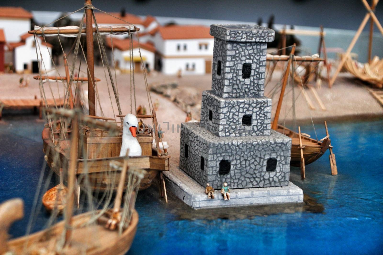 Cartagena, Murcia, Spain- July 27, 2019: Miniature roman figurines displayed in a Cartagena Museum reflecting daily life in roman times