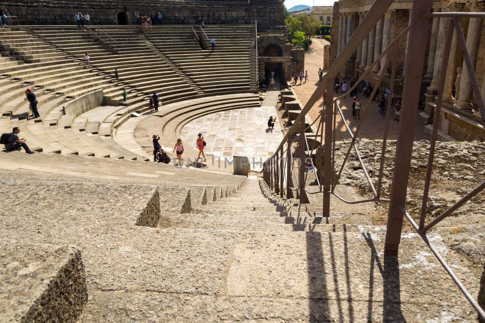 Merida, Spain, April 2017, tourists visiting the Roman ruins theatre arena & waiting rooms used for gladiator & animal fights. Travel and tourism.