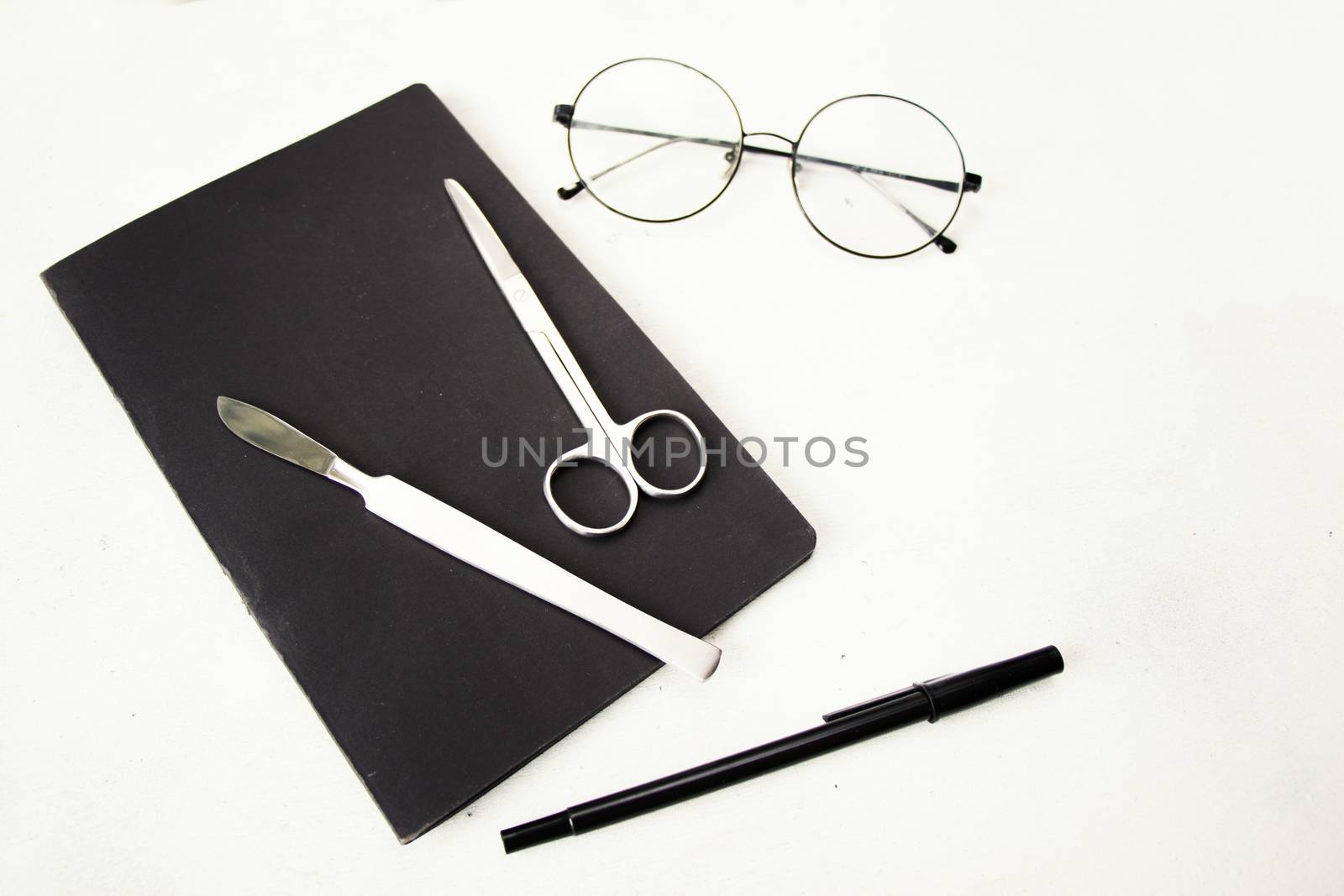Medical, anatomy, veterinary, biology students stainless steel and notebook with glass and pencil on the white background. Studio shoot.