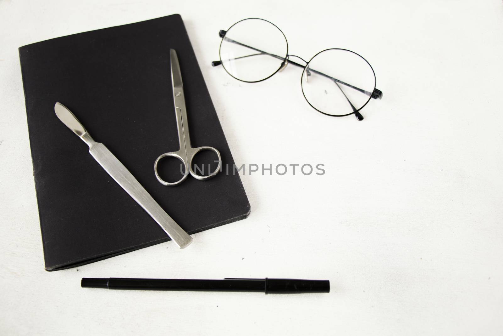 Medical, anatomy, veterinary, biology students stainless steel and notebook with glass and pencil on the white background. Studio shoot.
