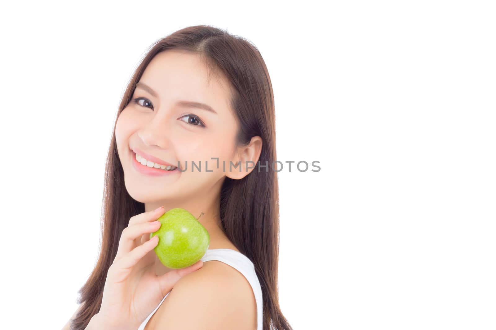 Beautiful young asian woman smile and holding green apple fruit with wellness and healthy isolated on white background.